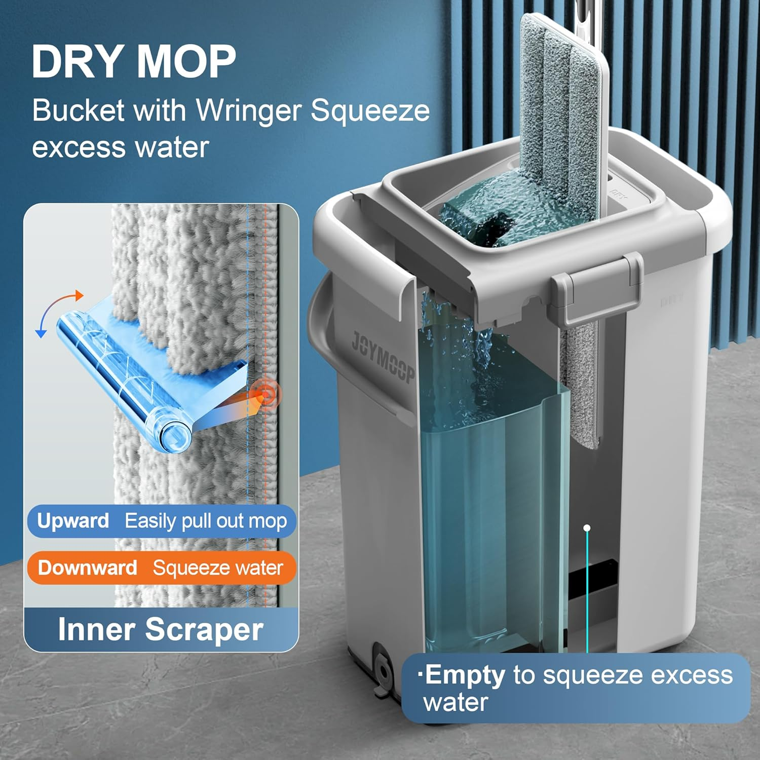 JOYMOOP Mop and Bucket Set with Wringer, Dust Mops for Floor Cleaning, Wall Cleaner with Long Handle, Microfiber Mop - White Bucket with 3 Reusable 15" Microfiber Pads image number 2