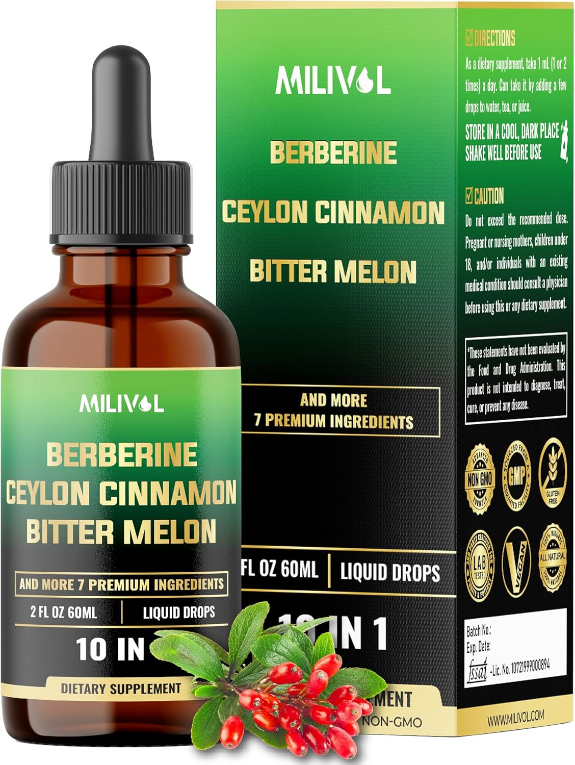 MILIVOL 10In1 Berberine Liquid Drops with Ceylon Cinnamon, Bitter Melon, Turmeric, Ginger, Gymnema, Sylvestre and More - 60 Days Supply - 2FL Oz image number 2
