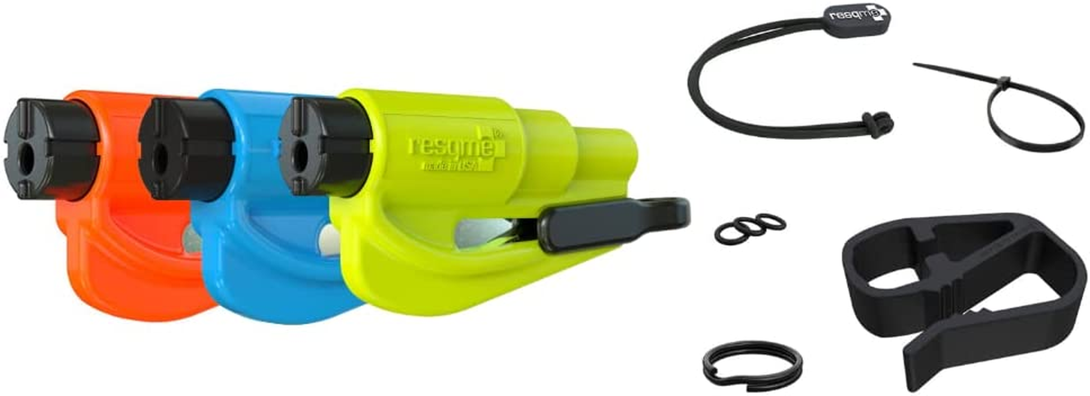 Resqme Family Pack of 3 with Accessories, the Original Emergency Keychain Car Escape Tool, 2-In-1 Seatbelt Cutter and Window Breaker, Made in USA, Blue, Orange, Yellow image number 2