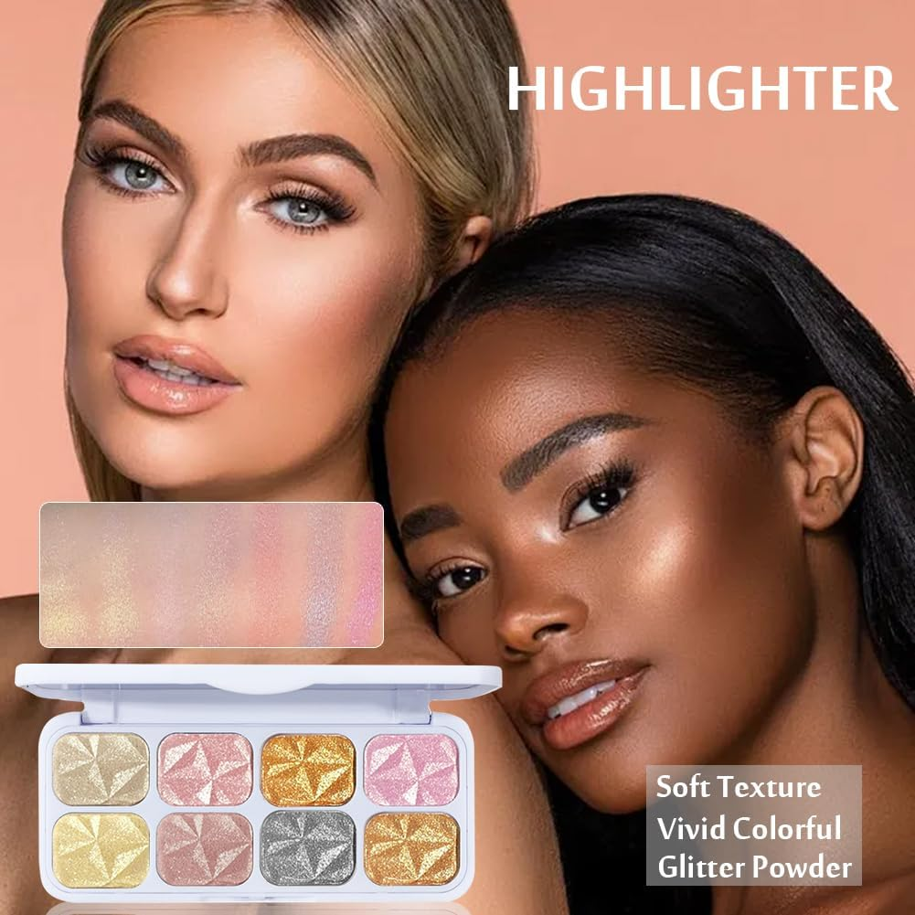 8 Colors Highlight Eyeshadow Palette,Sparkle Highlighter Shiny Eye Shadow Plate Pigmented Glitter Eyeshadow Professional Makeup (Highlighter) image number 4