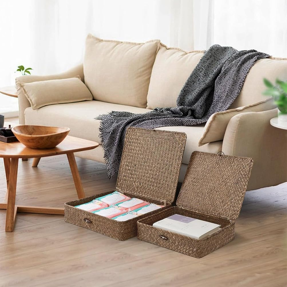 Set of 2 Flat Wicker Shelf Basket with Lid, Wicker Storage Baskets, Multipurpose Home Organizer, Woven Shelf Organizer Bins Home Utility Organizer Box for Home & Office Supplies image number 4