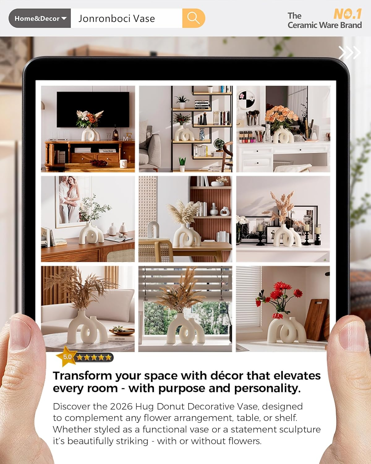 Hug Donut Decorative Vase Set - Modern Nordic Boho Style Vases Home Decor, Matte Ceramic Decorations for Living Room Shelf, Bookshelf Mantle Entryway Table or Console D&eacute;cor (Cream White) image number 2