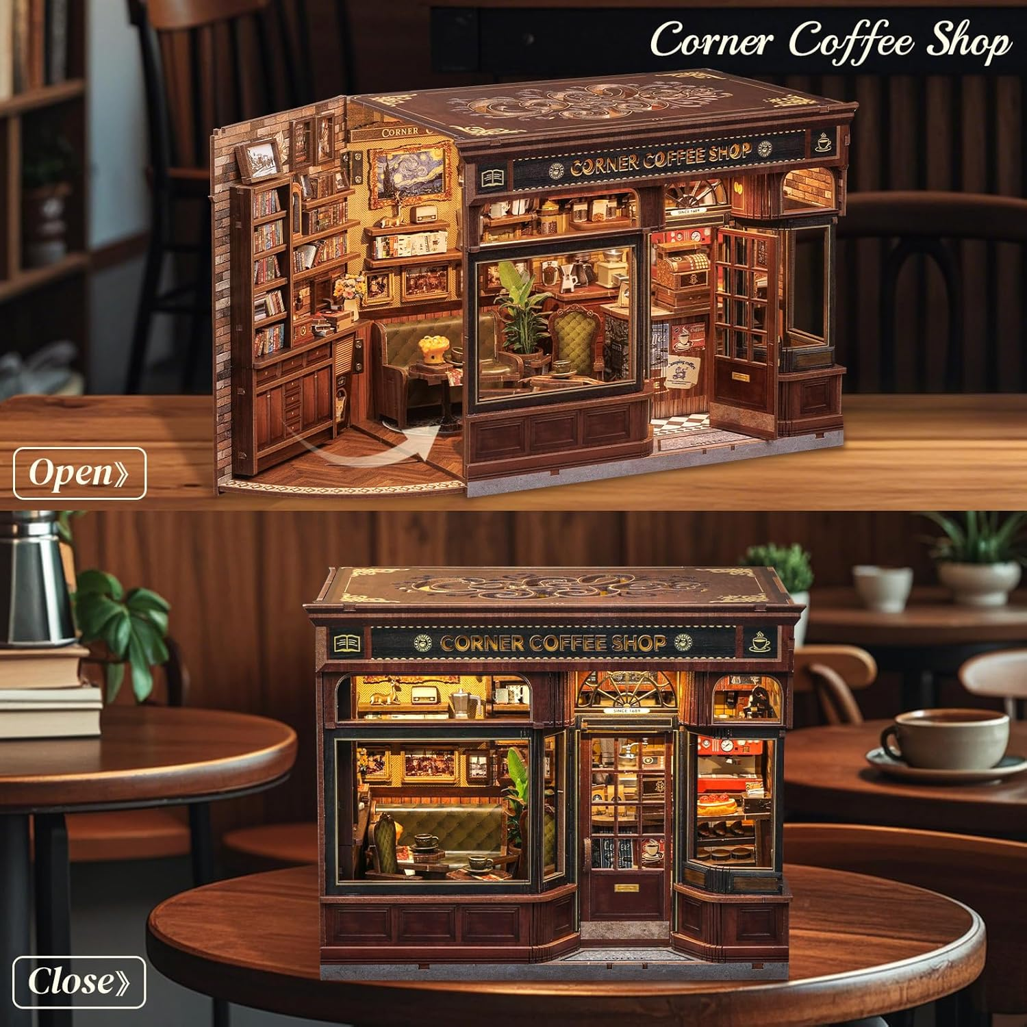 CUTEBEE Book Nook Kit - DIY Miniature House Dollhouse Kit for Adults and Teens, Booknook Tiny House Bookshelf Decor with LED Light, Gifts for Family and Friends (Corner Coffee Shop) image number 5