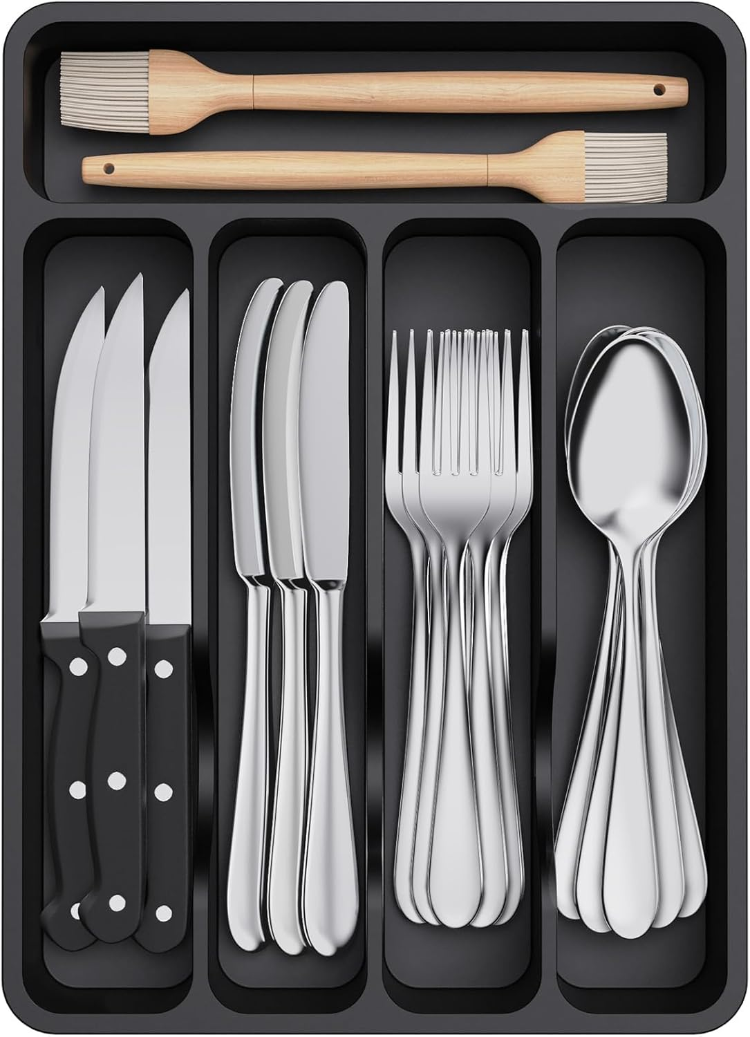 Lifewit Silverware Drawer Organizer Tray, Plastic Cutlery Storage for Kitchen Drawer, Flatware and Utensil Holder Divider for Spoons Forks Knives Tableware, 5 Compartment, Black image number 2