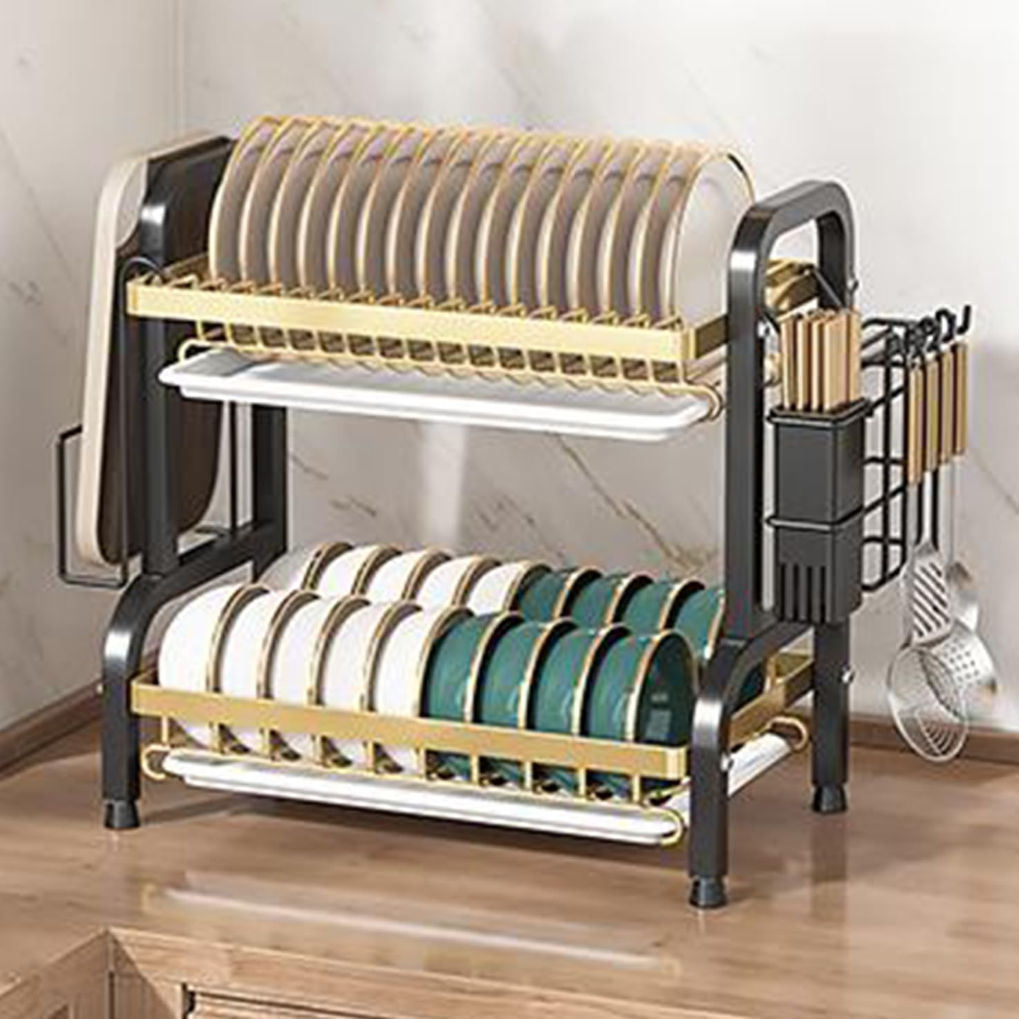 WADY 2 Tier Large Dish Drying Rack, Strong Carbon Steel Dish Drainer, Kitchen Countertop with Draining Board for Kitchen Storage & Organisation, Storage Shelf Bowl Shelves with Water Drip Trays image number 2