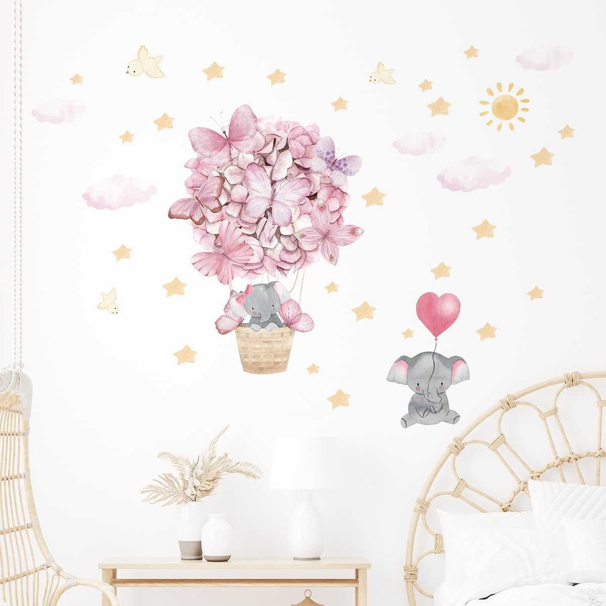 Pink Butterfly Hot Air Balloon Elephant Wall Decor for Baby Girl Room Star Cloud Nursery Wall Decal Stickers image number 5