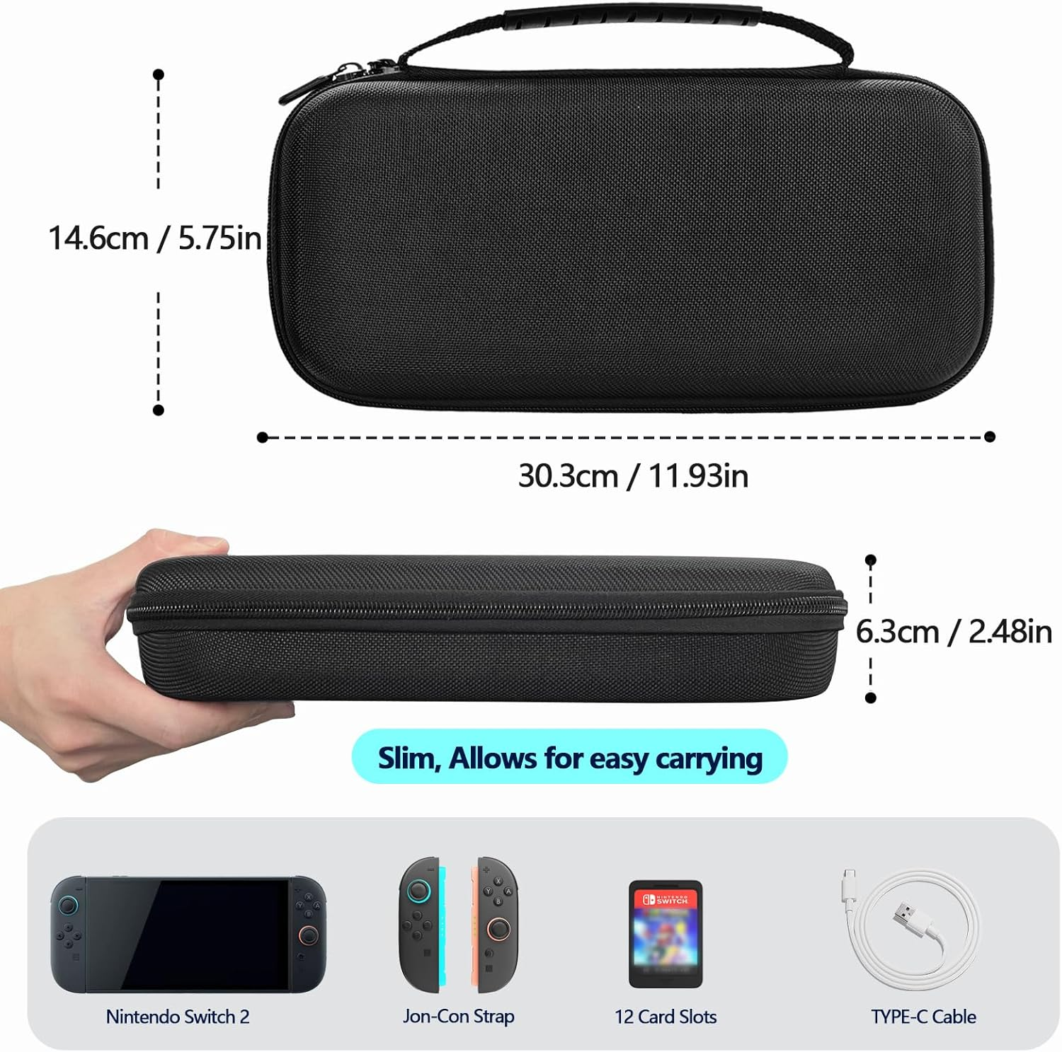 TUCANA Carry Pouch Case Compatible with Nintendo Switch 2 (2025), Switch 2 Portable Hard Travel Case with Pockets and 20 Game Cartridges for Switch 2 Accessories （Black）, Black, Solide image number 3
