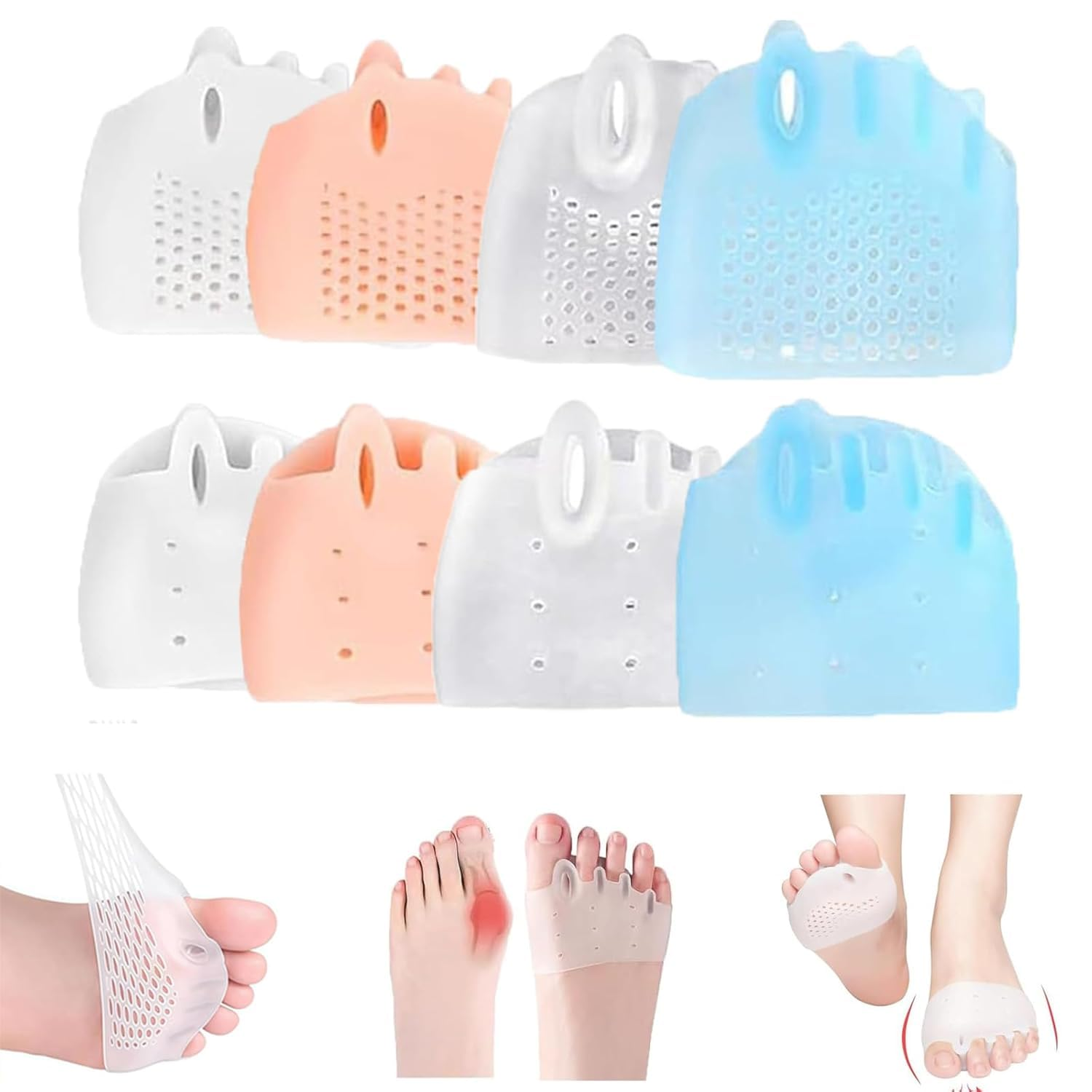 Silicone Toe Separators for Women & Men, 4 Packs Toe Separators Bunion Corrector Cushion, Breathable Soft and Comfortable Gel Foot Cushions, Multiple Colors (4 Pairs) image number 3