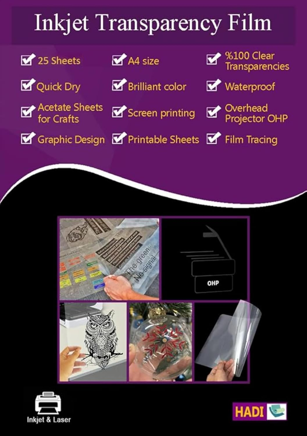 HADI Inkjet Transparency Film 25 Sheets A4-100% Clear Transparency- Acetate Sheets for Crafts,Overhead Projector Presentations OHP, Film Tracing Graphic Design-Screen Printing-Quick Dry, Printing Film image number 6