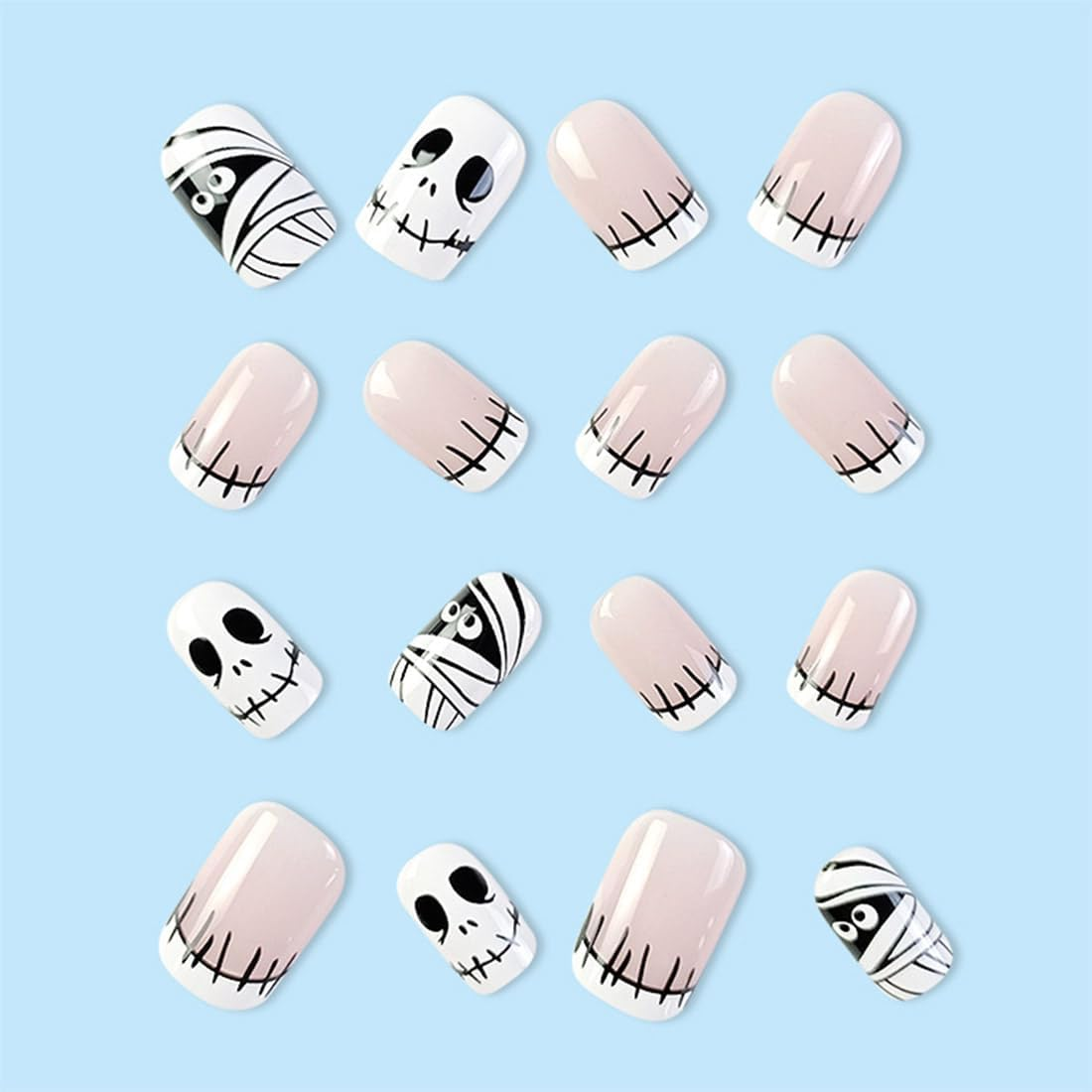 Resweky Halloween Square Skeleton Ghost Demon Nails False Pink Nude French Short False Nails Full Cover Acrylic Nails for Women and Girls (Pink 2, L) image number 4