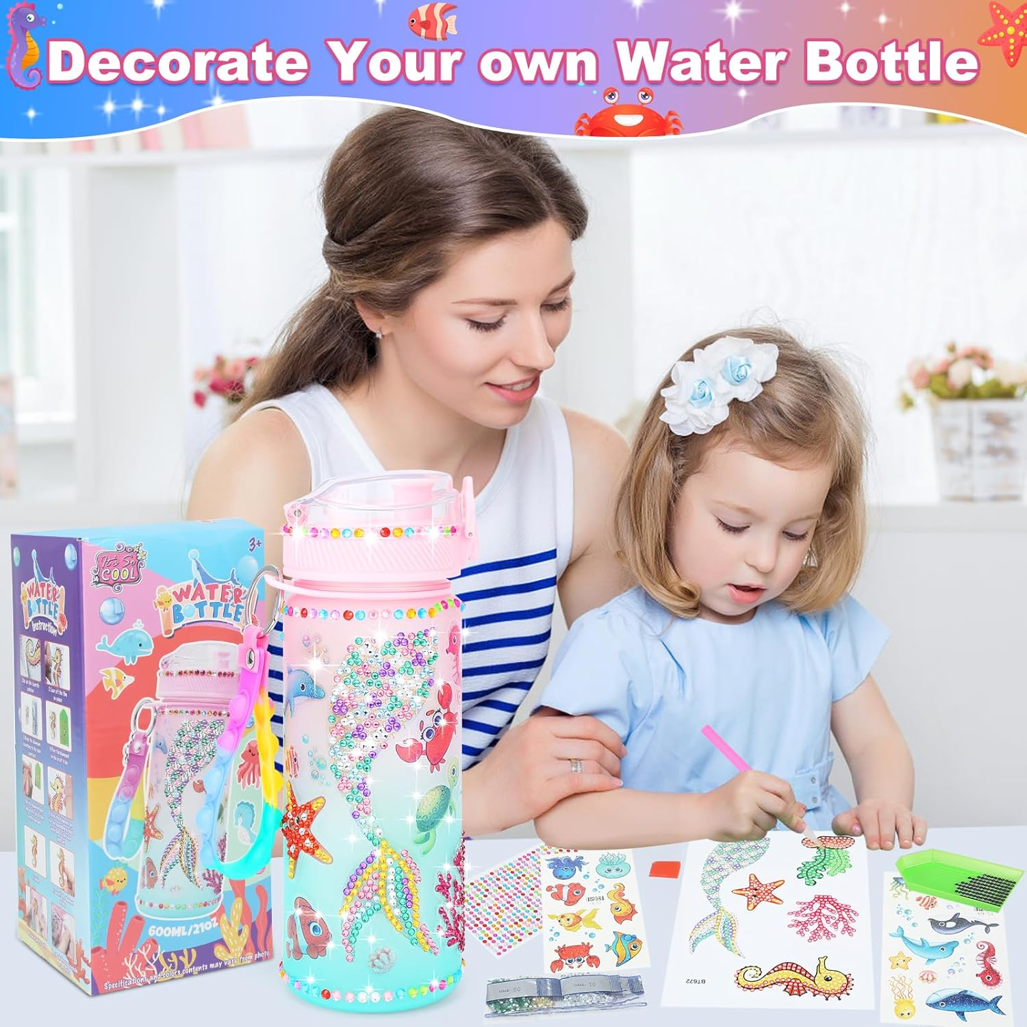 Decorate Your Own Water Bottle Kits for Girls - Gem Diamond Painting Arts and Crafts Toys Gifts for 4+ Year Old Girls Kids Birthday (Multicolor Mermaid)