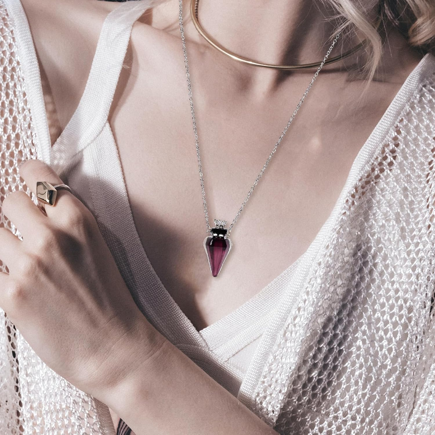 Biiange Perfume Bottle Necklace Diamond Shape, Purple Perfume Bottle Necklace, Essential Oil Diffuser Necklace, for Womens Perfume Vial Pendant Necklace Jewelry Unique Gift image number 4