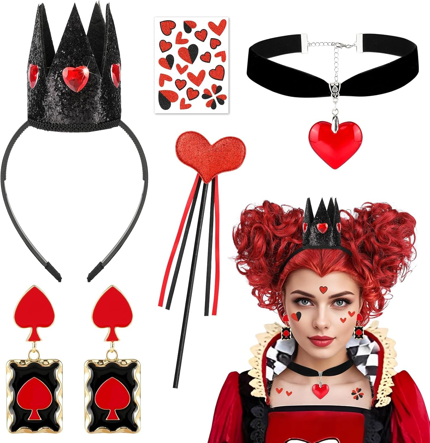 Queen of Hearts Accessories Set, Crown Headband Earings Necklace Wand Face Stickers, Queen of Hearts Costume Accessories Women for Halloween Carnival World Book Day Cosplay Party