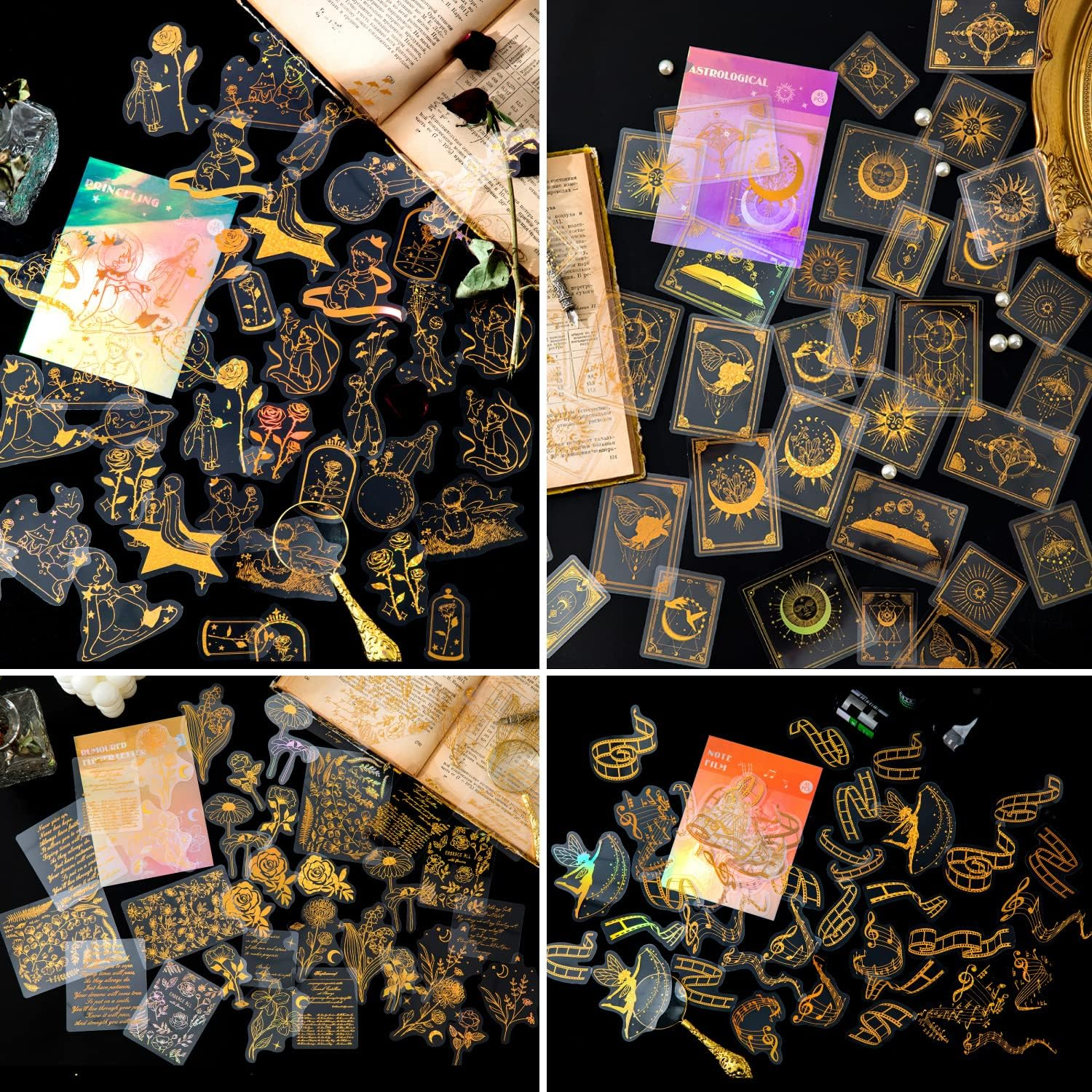 YOKSAS Yoksas 360Pcs Golden Holographic Sticker Set - Transparent Glitter Gold Foil Resin Stickers for Scrapbooking, Laptop, Water Bottles, Journaling, Gold,Golden,Transparent (ST-230)