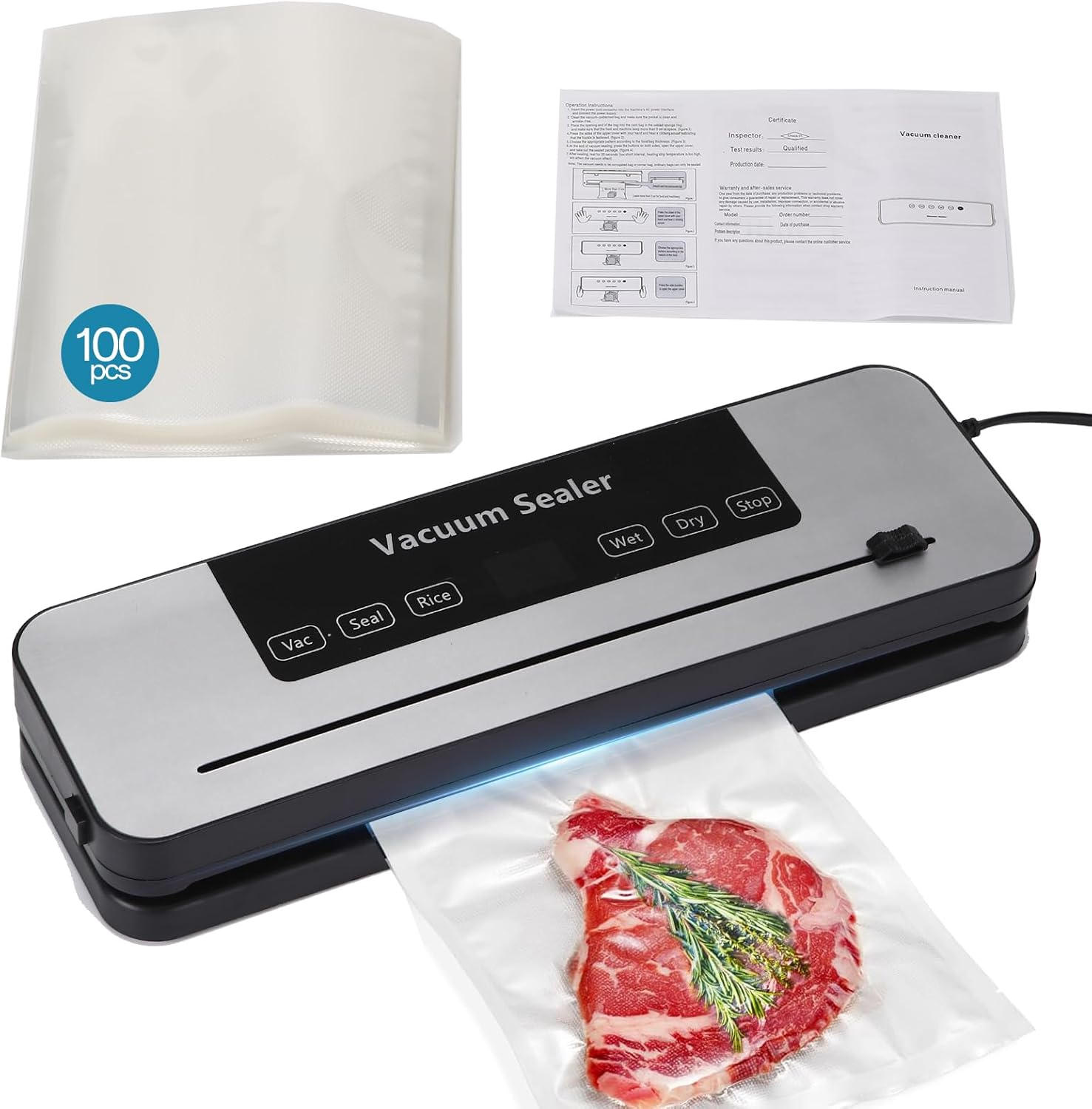 Vacuum Sealer Machine for Food Preservation &ndash; 70Kpa Food Saver Vacuum Sealer with 100 Vacuum Sealer Bags, Dry & Moist Modes, Built-In Cutter, Compact Bag Sealer for Kitchen (Silver)