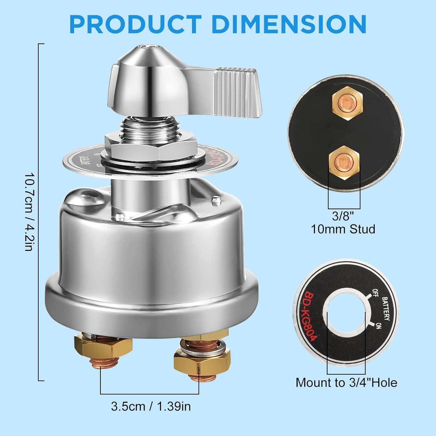 High Current Master Battery Disconnect Switch, 12V-48V Heavy Duty Battery Isolator Switch with Face Plate, 300A Waterproof Marine Battery Shut off Switch for RV Marine Boat Vehicle Truck image number 4