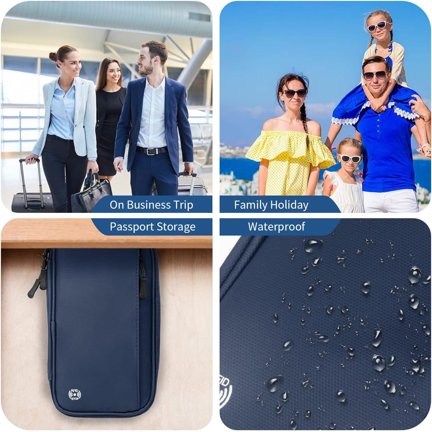 INONIX Family Passport Wallet,Travel Passport Holder Waterproof Large Capacity Passport Cover, Travel Document Organiser for Passports,Cards,Flight Tickets(Black)(Blue)