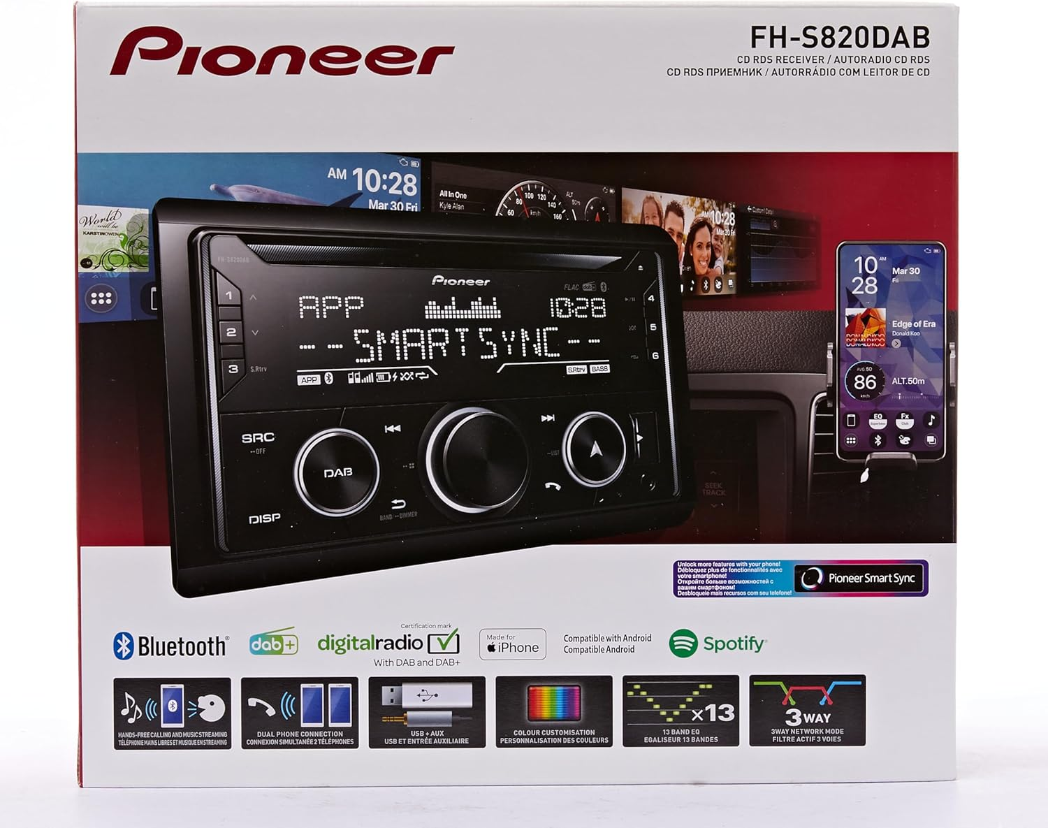 Pioneer FH-S820DAB 2-DIN CD Tuner with DAB/DAB+, Bluetooth, Multi Colour Illumination, USB, Spotify, Pioneer Smart Sync App and Compatible with Apple and Android Devices. image number 3
