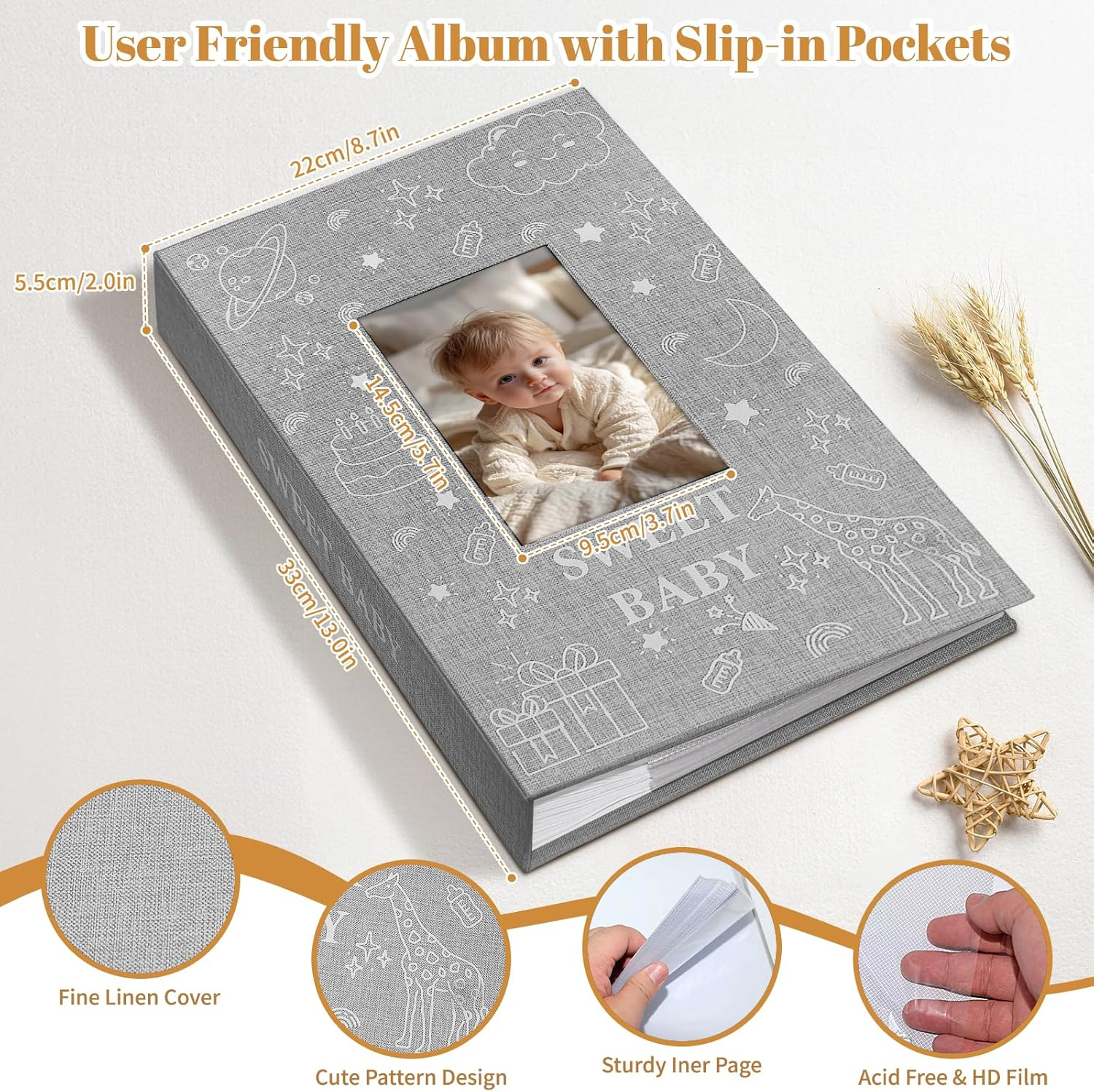 Baby Photo Album 6X4 300 Pockets with Memo Area & Hand and Footprint Kit, Linen Cover Slip-In Memory Book with Front Window, Acid-Free Keepsake for Newborn Boy Girl, First Year Moments - Beige image number 6