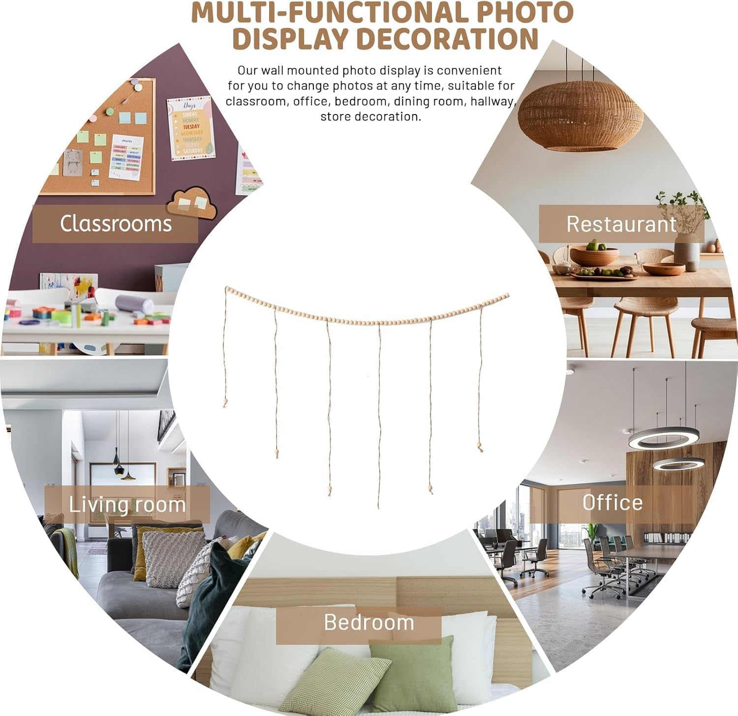 Boho Hanging Photo Display with 30 Clips Wooden Beads, Collage Hanging Picture Frames with String, Photo Garland Wall Decor for Bedroom Living Room Dorm Art Teenager Girl image number 4