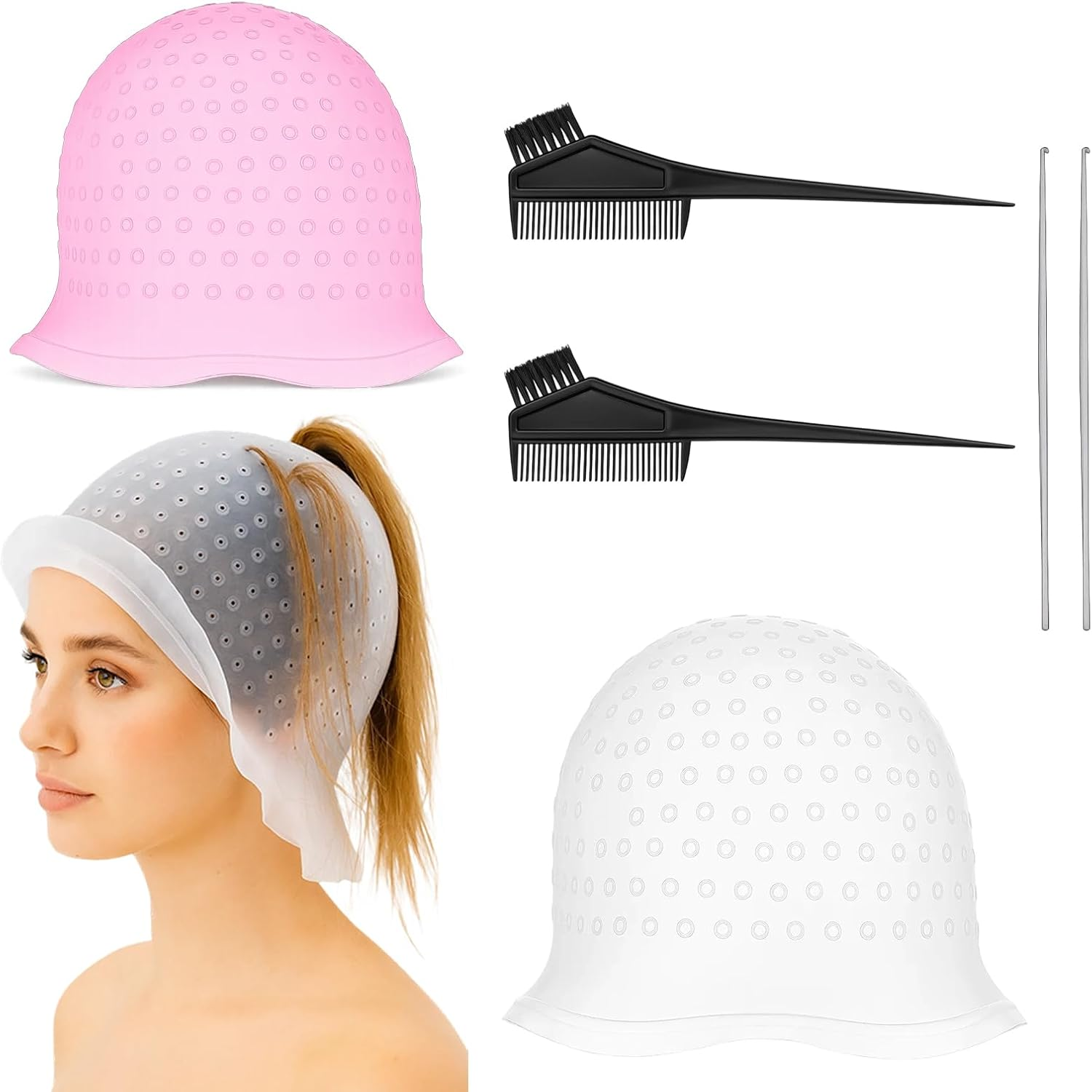 Highlight Cap, 6-Piece Set with Highlight Cap, Steel Needles and Dye Combs, Ideal for DIY Highlights Making Yourself and Precise Hair Dyeing, Made of High-Quality Silicone image number 5