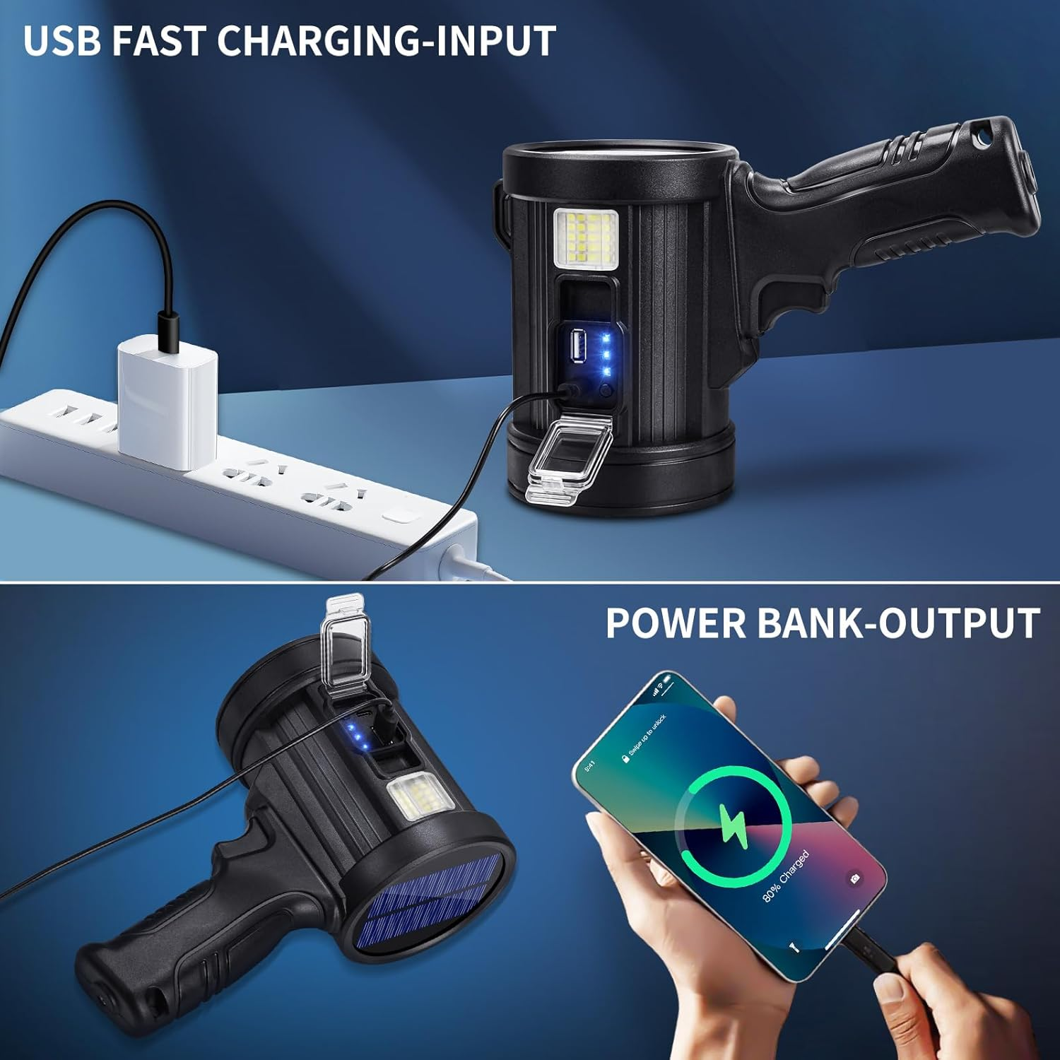 Rechargeable Spotlight, 3000 Lumens Bright LED Spotlight Flashlight, Long Running Spot Light Searchlight, Outdoor Handheld Spotlights with Solar Panels for Hunting,Camping,Boat,6 Spotlight Modes image number 4