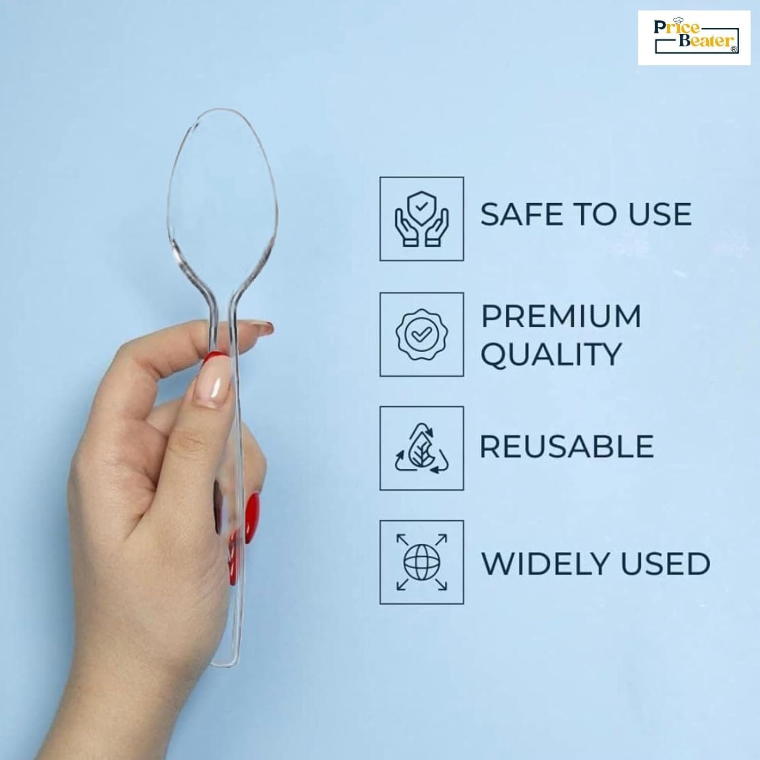 Reusable Plastic Dessert Spoons, Heavy Duty Reusable Spoons Hand Washable, Cutlery Tablespoon, Plastic Cutlery for Parties and Basic Everyday Tableware and Dinnerware Pack of 50 (Clear)