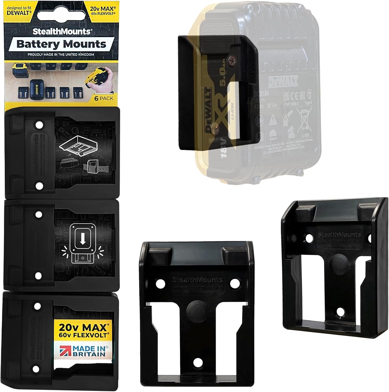 Stealthmounts Battery Mounts for Dewalt 18V (Black) - 6 Pack image number 1