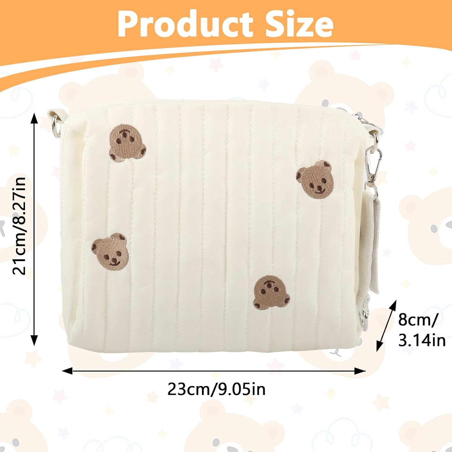 Portable Diaper Bag, Embroidery Bear Baby Changing Bags, Cotton Nappy Bag Organiser, Mum Bag with Pram Hook, for Mum Baby Travel, White, Black, Black image number 3