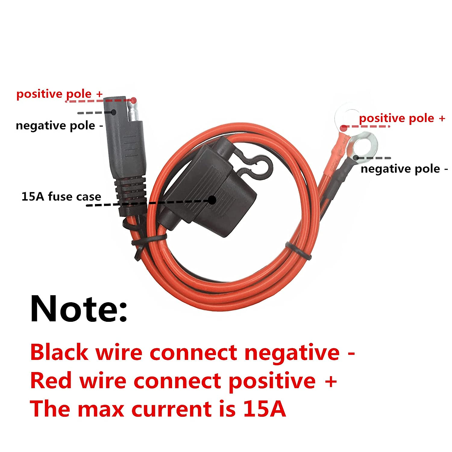 O Ring Terminal Cable - 2FT SAE Connector, SAE Plug to Battery Charger Cord, Solar Panel Cord Ring Terminal Harness Extension Adapter 2 Pin Quick Connect and Disconnect with 15A Fuse (3)