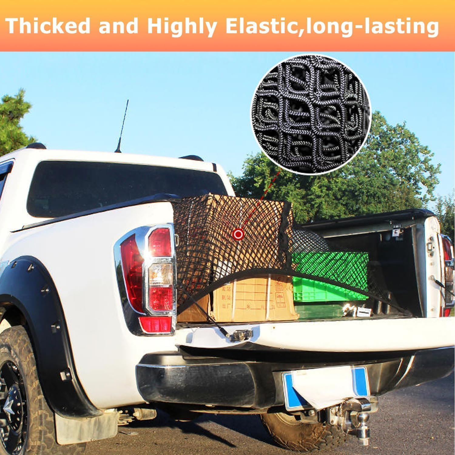 Highly Elastic Cargo Net, Simple Pickup Truck Bed Cargo Mesh Organiser, Suitable for Trailer,Ford,Chevrolet,Dodge Truck Bed Daily Light Loads of Trucks Accessories, 4'X4' Stretches to 7'X7' image number 4