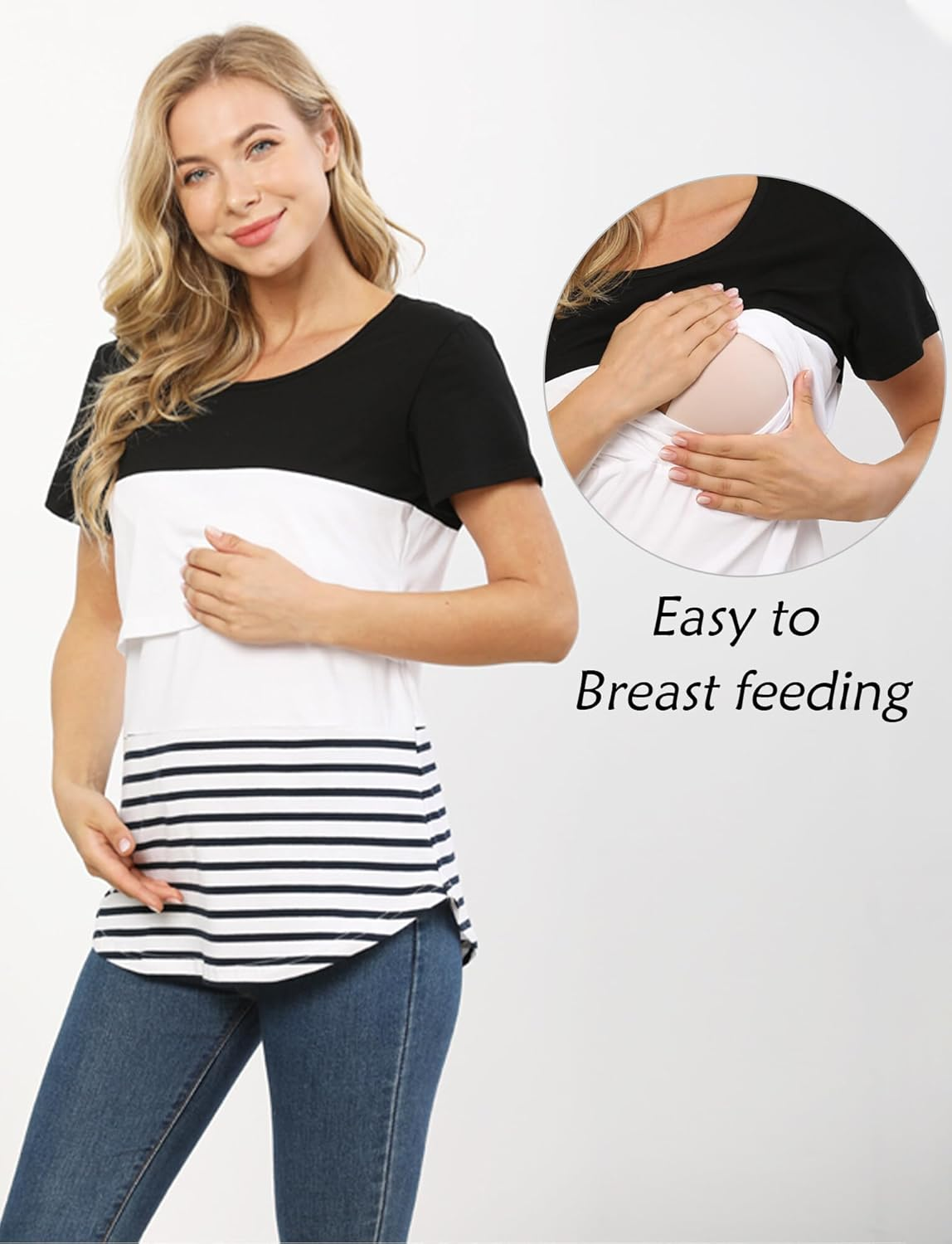 KEOYA Women'S Maternity Nursing Tops Double Layer Shirt for Breastfeeding Color Block Tee Shirt