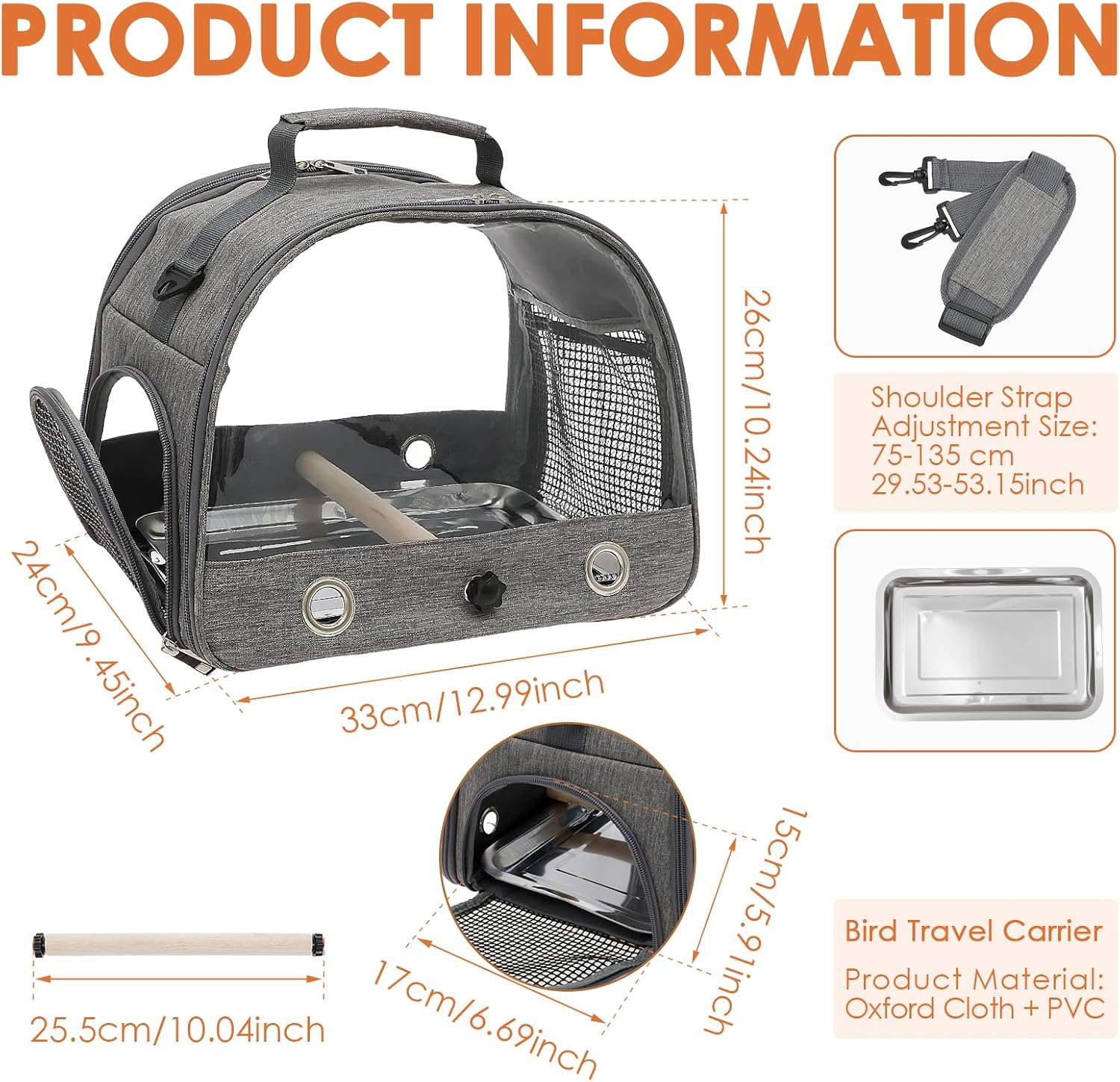 Bird Travel Carrier, Portable Small Bird Travel Bag, Breathable Parrot Cage with Perch Clear Window for Parrot, Small Pet image number 4