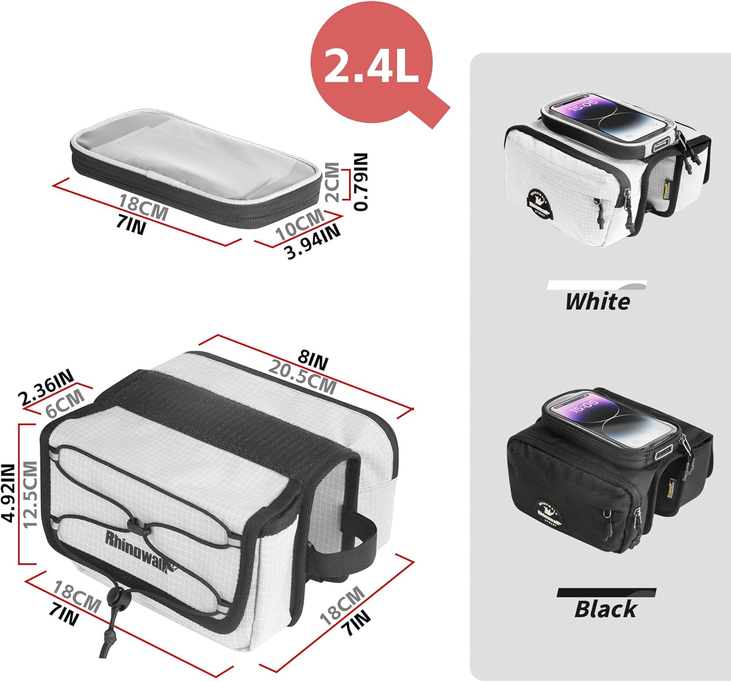 Rhinowalk Bike Front Frame Bag Bicycle Top Tube Frame Storage Waterproof Bicycle Handlebar Bag Fit Smartphone Professional Cycling Accessories-White - Black image number 7