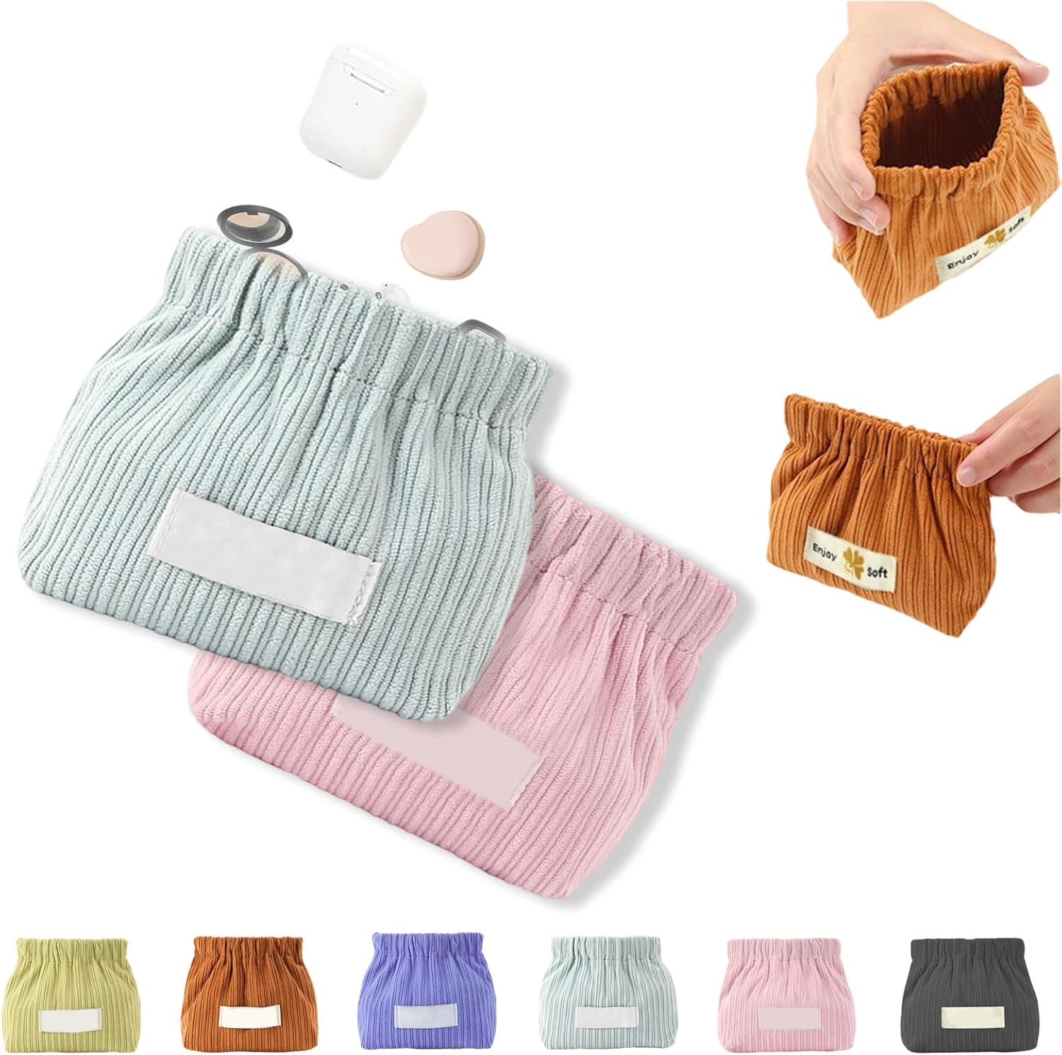 Corduroy Elastic Hair Tie Organizer, Portable Capacity Corduroy Elastic Storage Bag Closing Lipstick Bag, Cute Mini Makeup Pouch Bag Light and Easy to Carry (2A2)