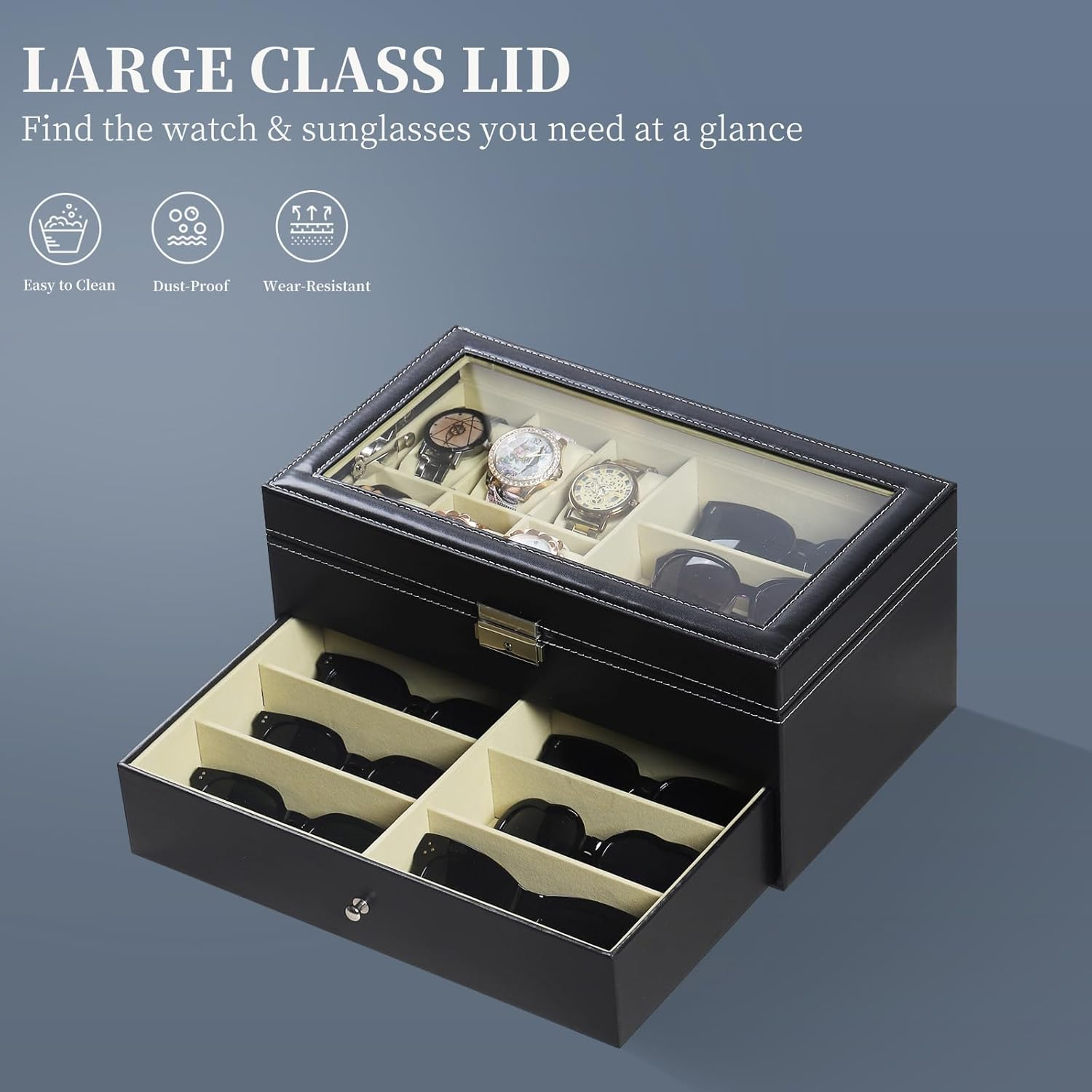 AUTOARK Leather 6 Watch Box Jewelry Case and 9 Piece Eyeglasses Storage and Sunglass Glasses Display Drawer Lockable Case Organizer,Black,Aw-048 image number 5