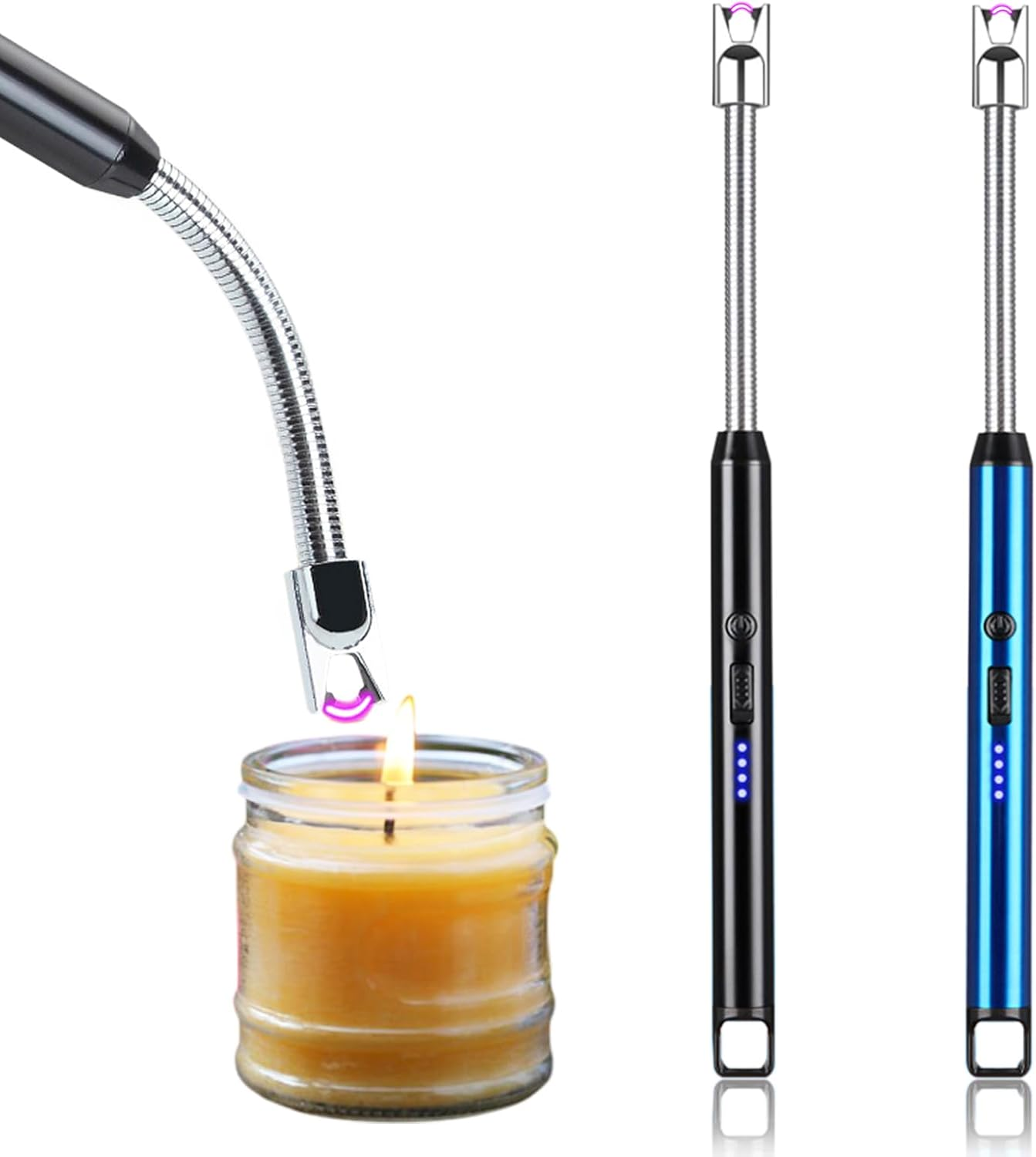 Electric Lighter, 2 Pack of USB Rechargeable Candle Lighter with Flexible Neck, 8.1-Inch Arc Lighter with LED Battery Indicator and Safety Switch for Candle, Kitchen,Grill,Camping (Black+Silver)