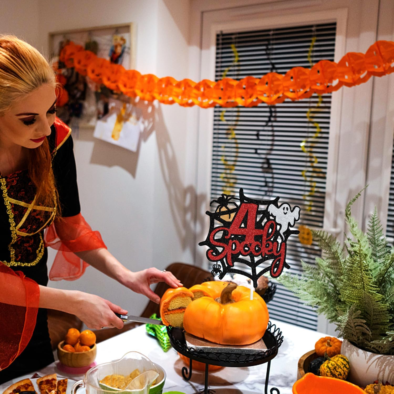 Spooky 4Th Birthday Cake Topper, Four Ever Spooky, Bat Ghost Cake Decor Halloween Theme 4Th Birthday Party Decorations Supplies for Boys Girls, Black Glitter image number 2