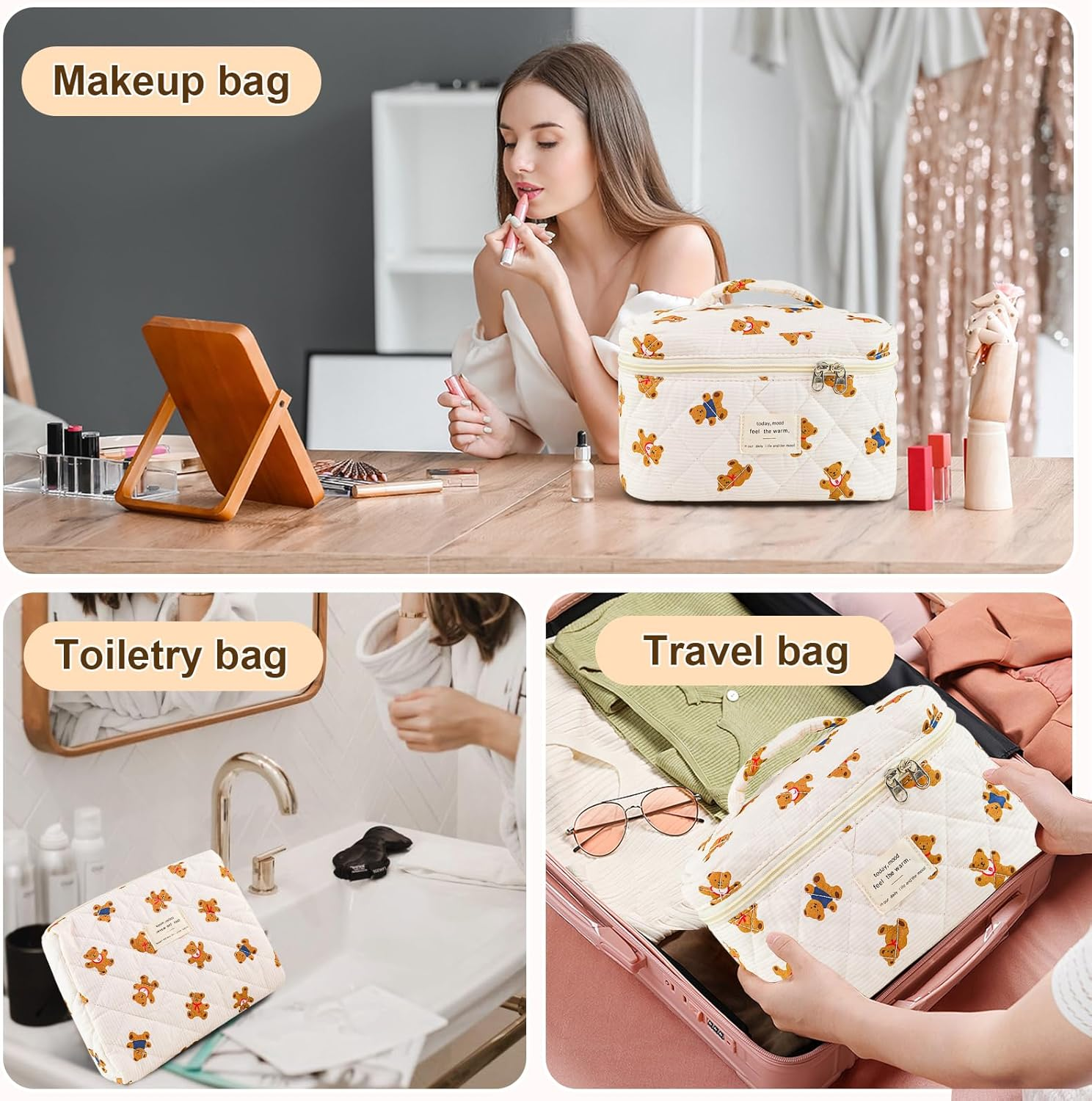 3Pcs Makeup Bag Cotton Quilted Travel Cosmetic Bag Cute Floral Makeup Pouch Large Toiletry Bag for Women Girls, Bear A, Daily - Bow-Blue image number 2