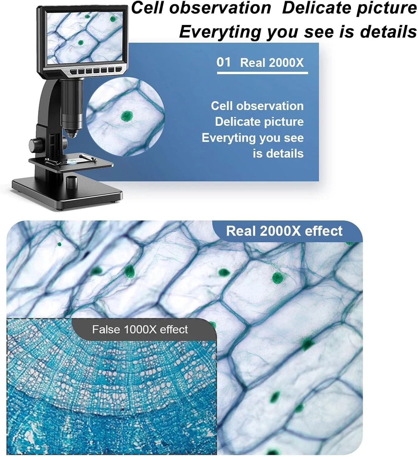 Cryfokt Digital Biological Microscope 500X 2000X Dual Lens 10 Adjustable LED Lights with Dual Lens, 7Inch 1080P 12MP LCD Screen, Coin Microscope for Laboratory Medical image number 3