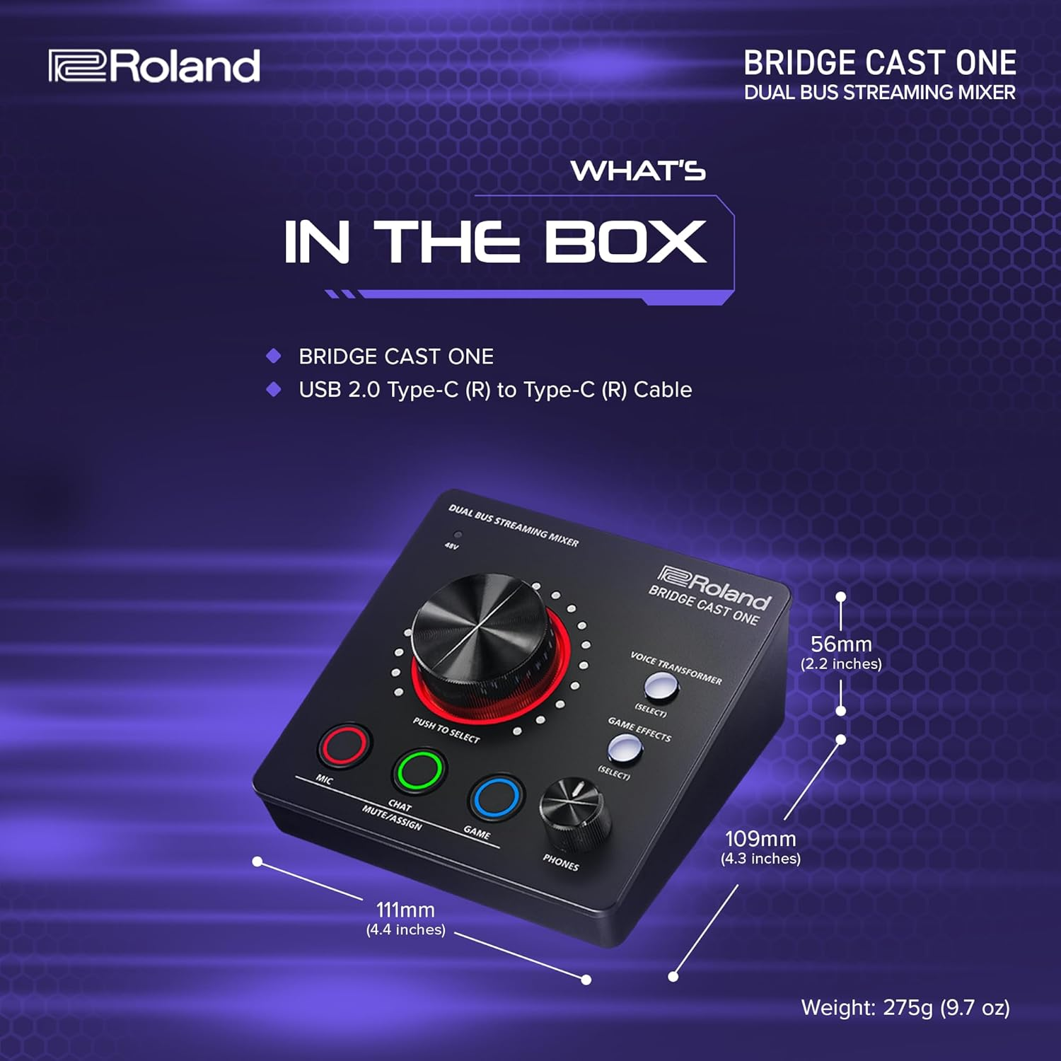 Roland Bridge Cast One Dual Bus Streaming Mixer, Compact Audio Streaming Mixer, for Online Gamers & Content Producers, 32-Bit Hardware DSP, USB-C Connection for Windows and Mac image number 2