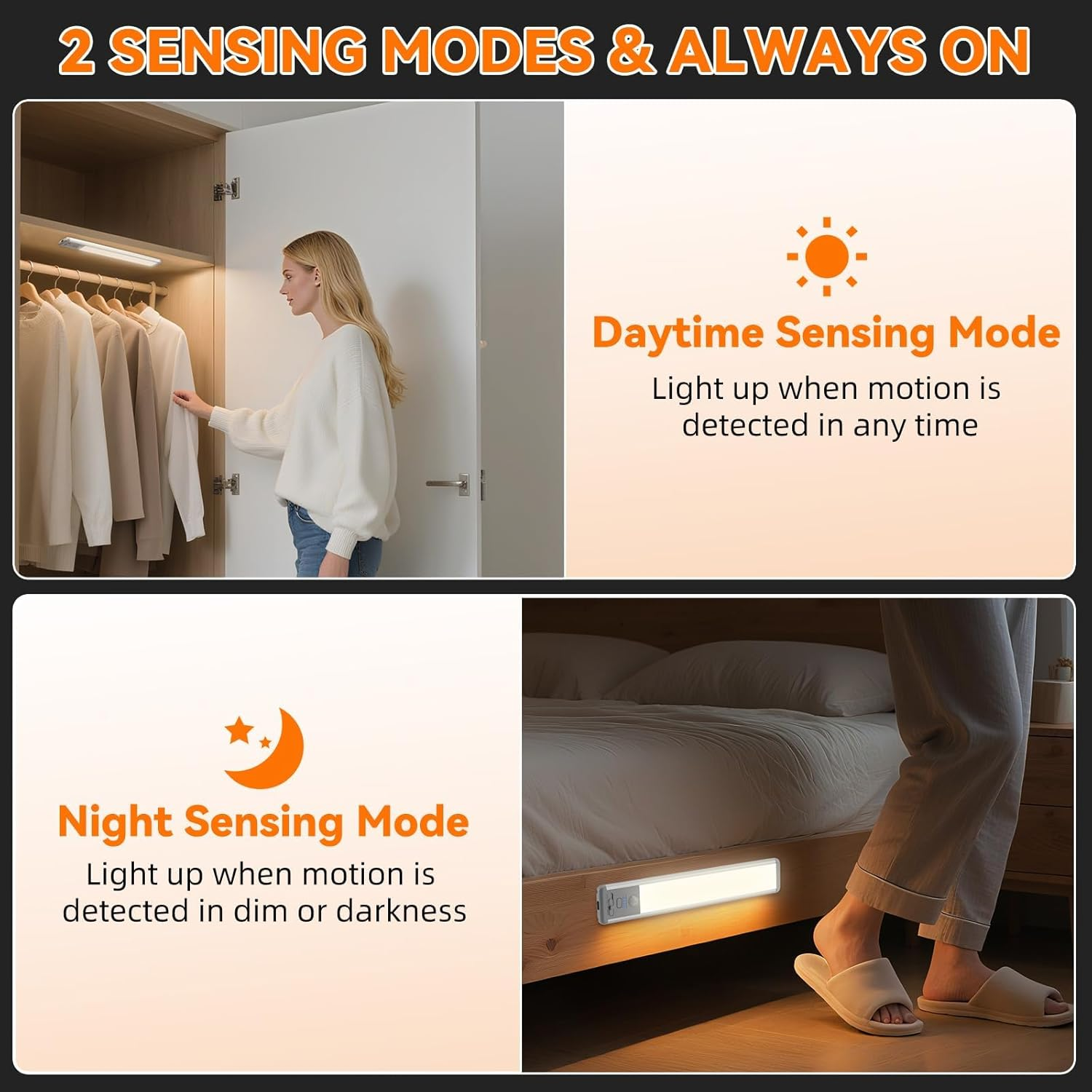 2 Pack Rechargeable under Cabinet Lighting, Indoor Motion Sensor Light, 3 Color &Dimmable Magnetic Closet Lights, 1500Ah Wireless Cabinet Lights for Kitchen, Shelf, Pantry, Hallway(24Cm) image number 2