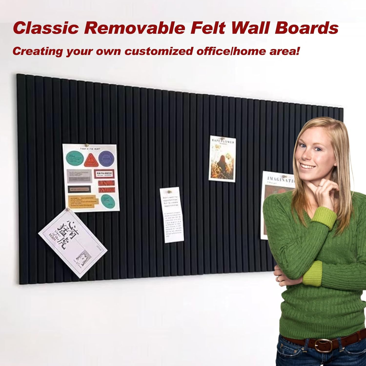 Large Cork Boards for Office, 47"X35" Felt Bulletin Board Tiles Pin Board for Walls Home Decor, Noise Reduction Boards, Panels for Photos Memos, 12-Pack, Black