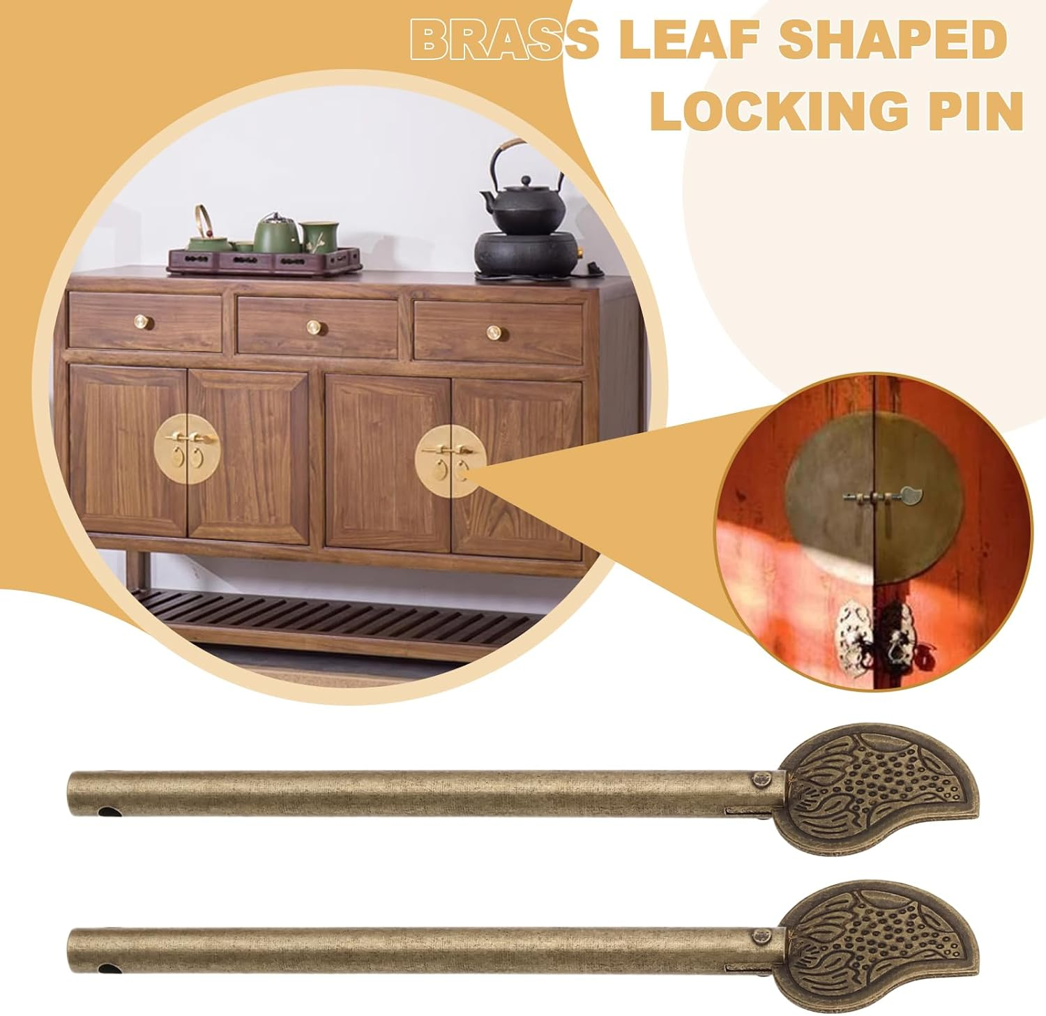 Emagtech 2PCS Retro Bronze Locking Pin Chinese Locking Pin Leaf Style Cabinet Key Latch Door Bolt for Style Drawer Door Wardrobe Door Shoe Cabinet (11Mm) image number 5