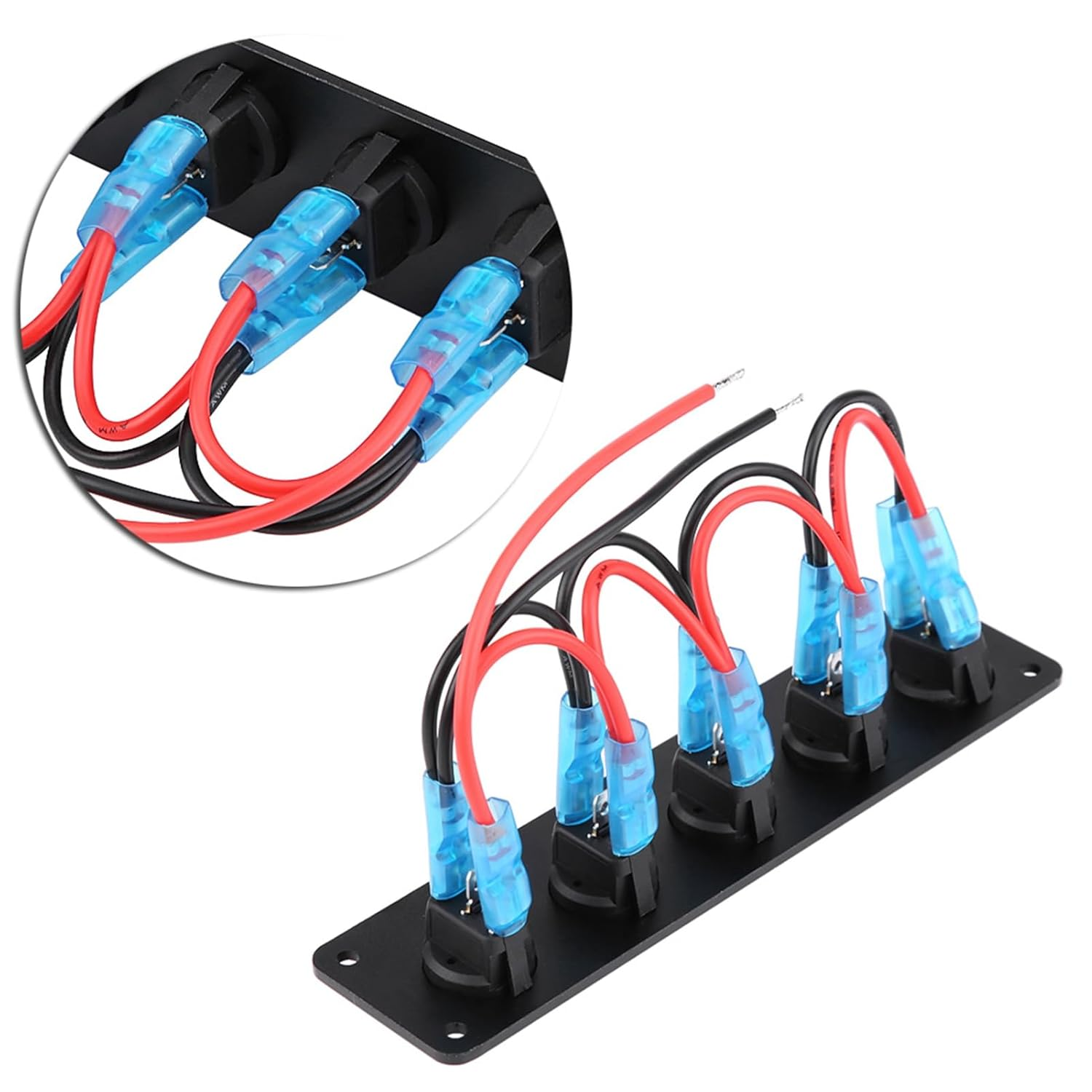 Blue LED Toggle Switch Panel, 5 Gang Rocker Switch Panel with Blue Light Control Electrical Equipment for 12V-24V Cars, RV, Boats, Yachts, Etc, Easy Install Aluminum Panel ABS image number 6