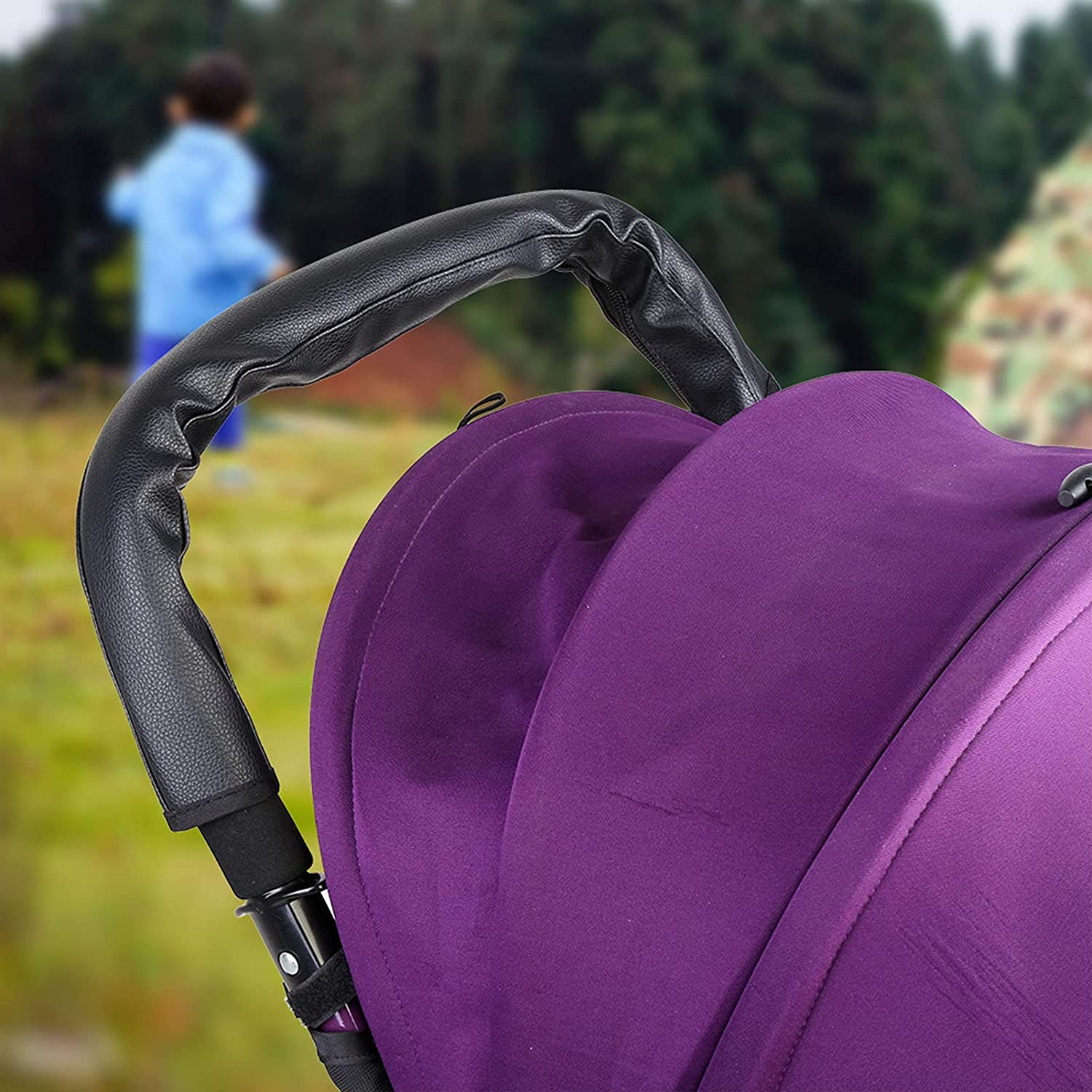 Baby Stroller Handle Cover, Universal Elastic Pushchair Handle Bar Black PU Leather Pram Protector Buggy Armrest Cover with Zipped Closure