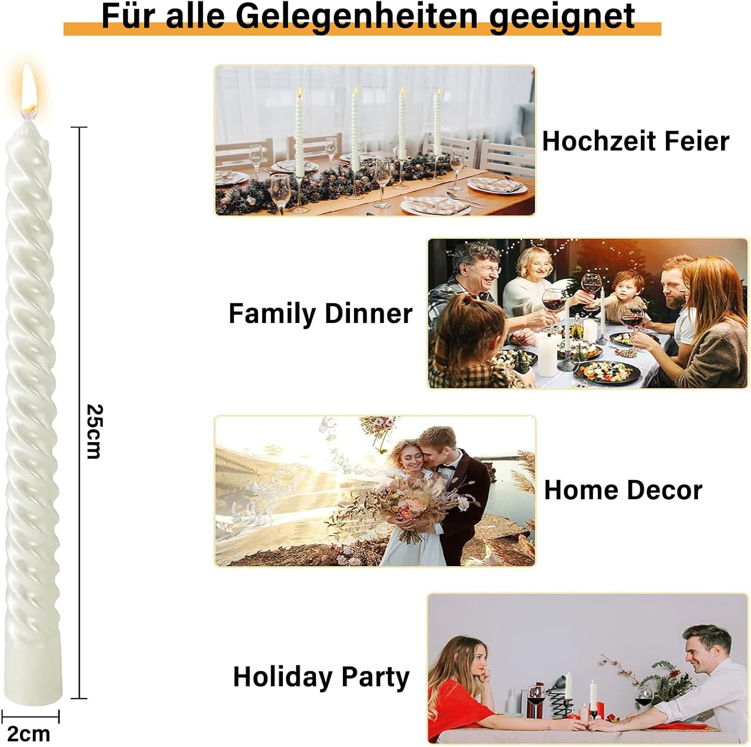 VIKY Pack of 8 Tapered Candles Drop Candles 25 Cm Long - 8 X Pure White Candles - Twisted Taper Candles in White for Christmas Decoration, Elegant Table Decoration, Wedding, Candle Aesthetic Odourless image number 6