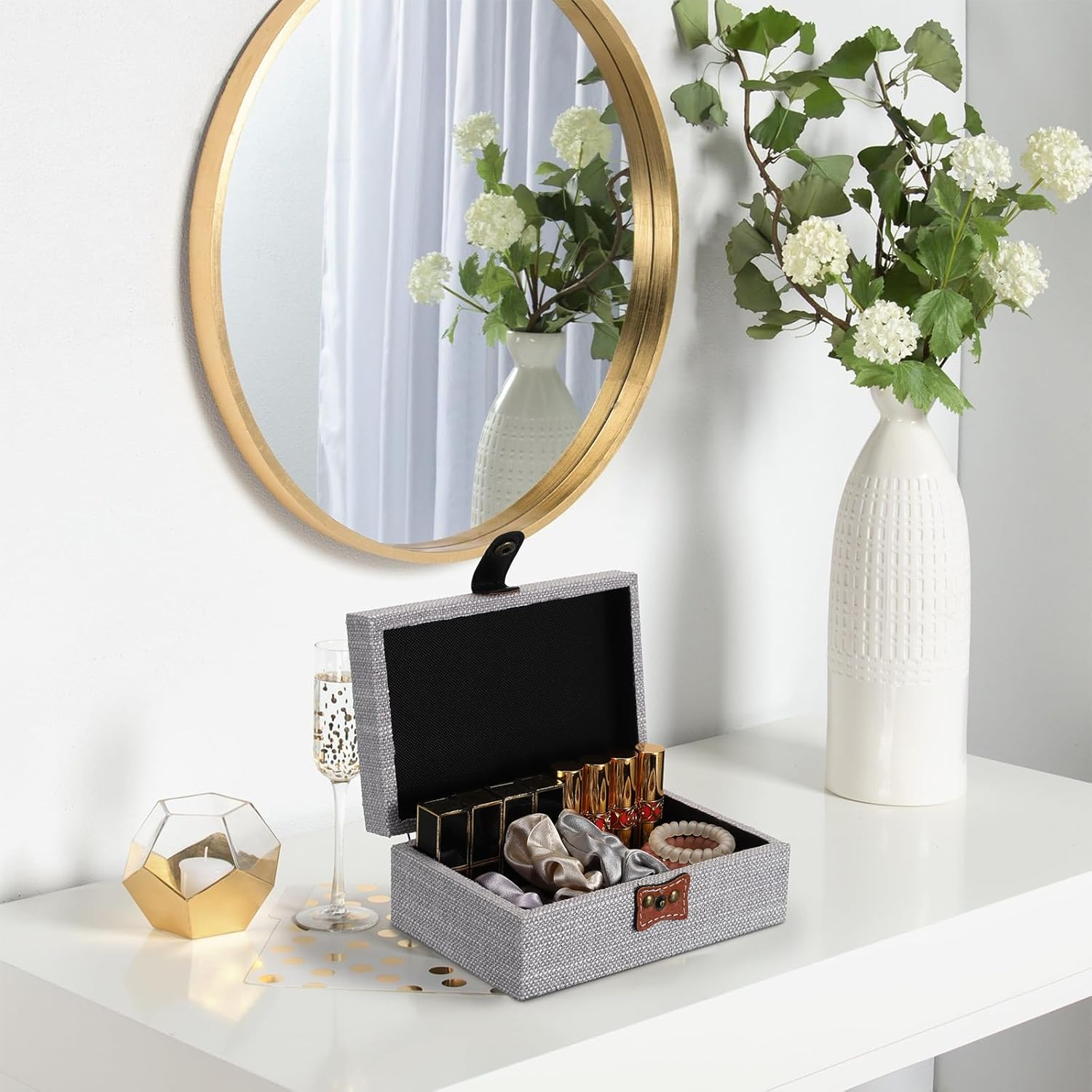 Hipiwe Wooden Decorative Box with Clasp Linen Covered Rectangular Keepsake Box Photos Storage Organizer image number 2