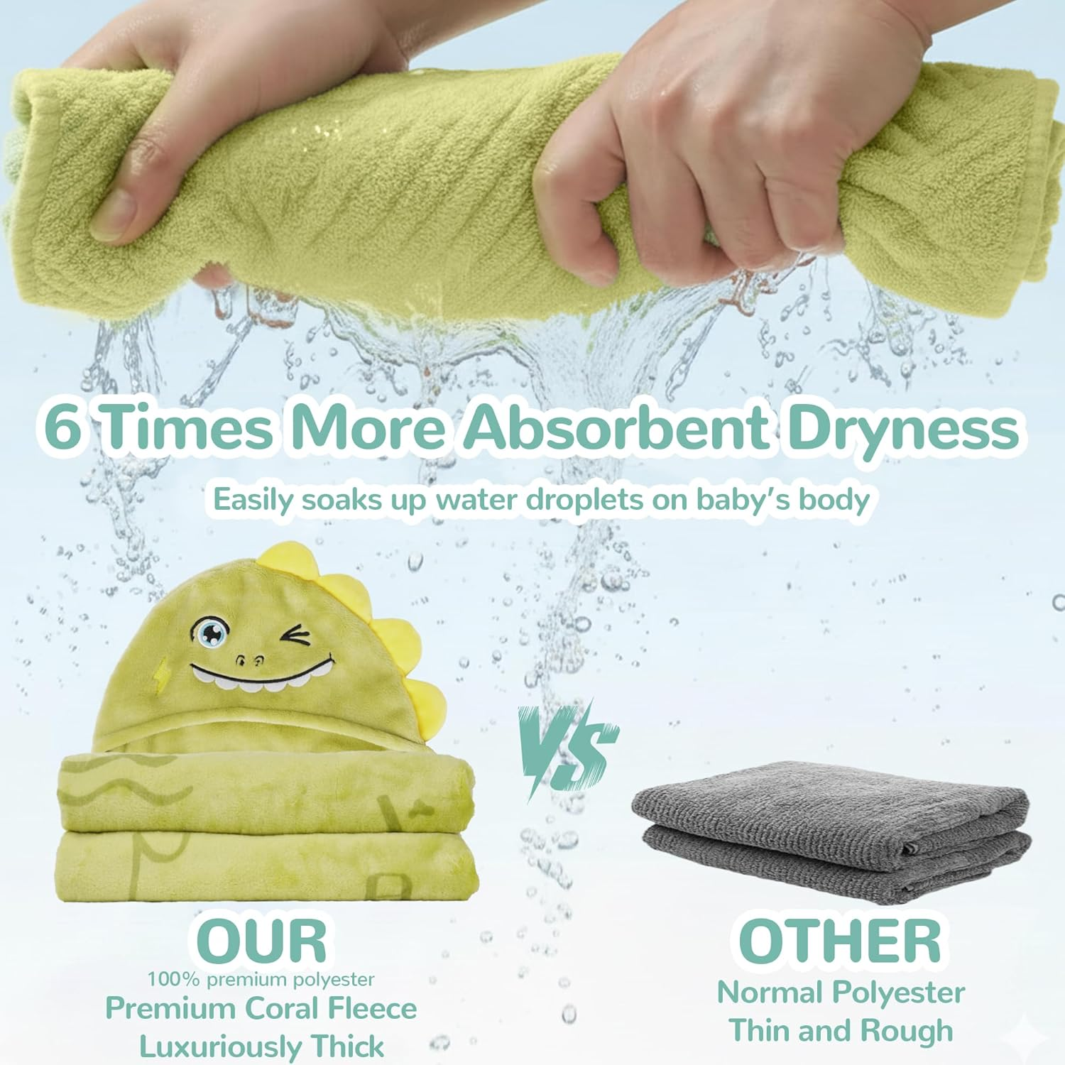 HECCEI Hoodiehug Baby Towels, Premium Coral Fleece Bath Towel with Large Size-Ultra Absorbent for Baby Comfort (Dinosaur) - Dinosaur + Elephant image number 2