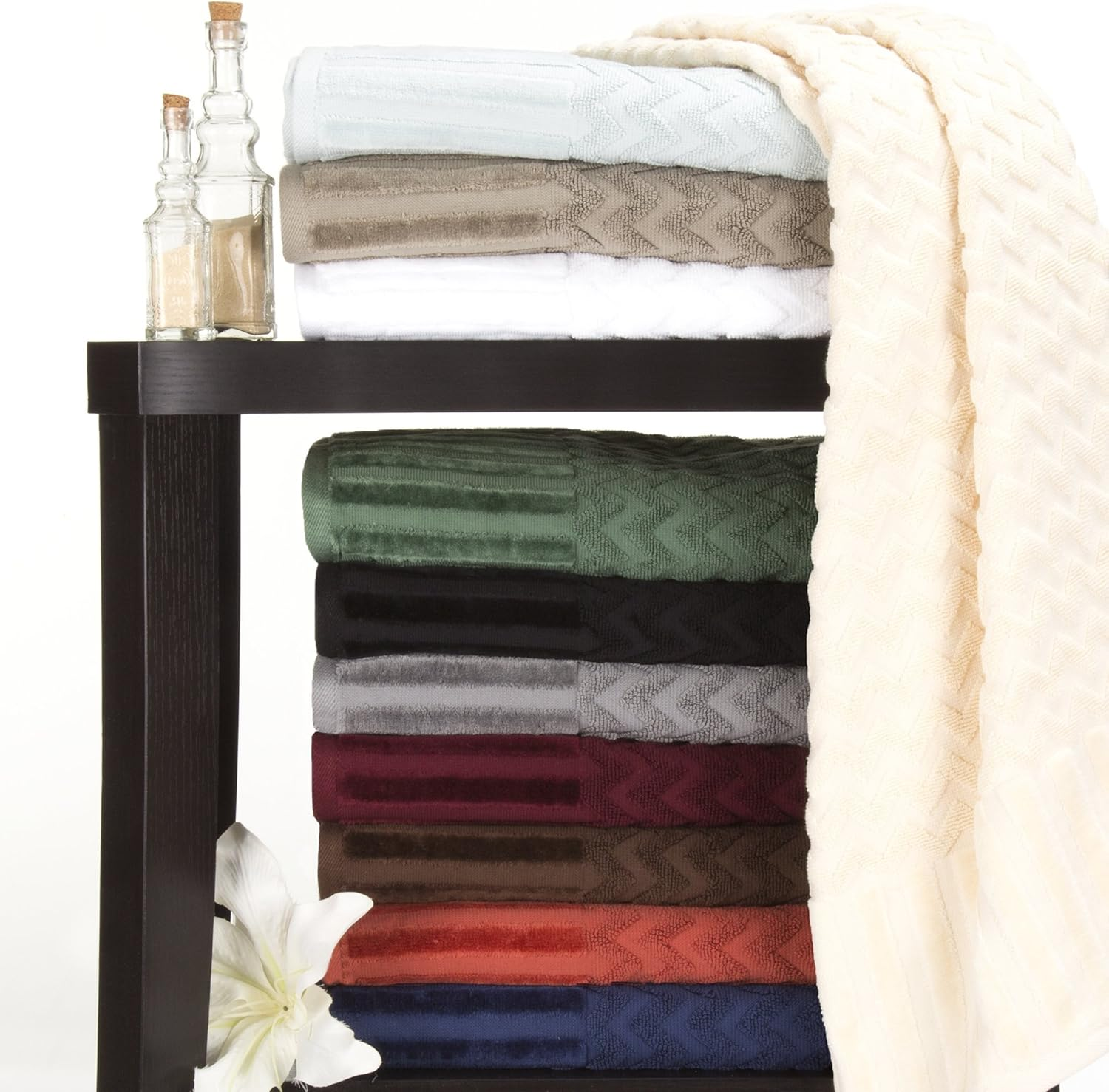 Lavish Home 6-Piece Cotton Deluxe Plush Bath Towel Set &ndash; Chevron Patterned Plush Sculpted Spa Luxury Decorative Body, Hand and Face Towels (Black), 27"X54"X0.25" image number 3